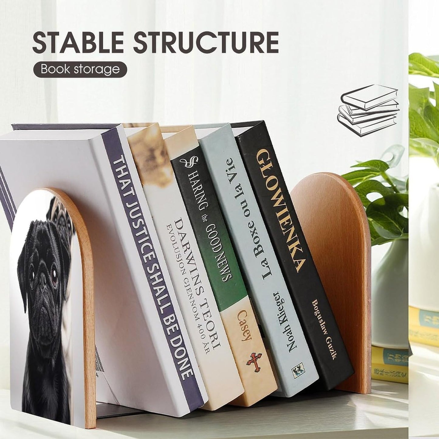 Cute Black Pug Dog Bookends Wooden Book Ends for Shelves Big Sturdy Book Holders Stoppers with Metal Base for Shelves Heavy Duty Book End Office Book Stopper