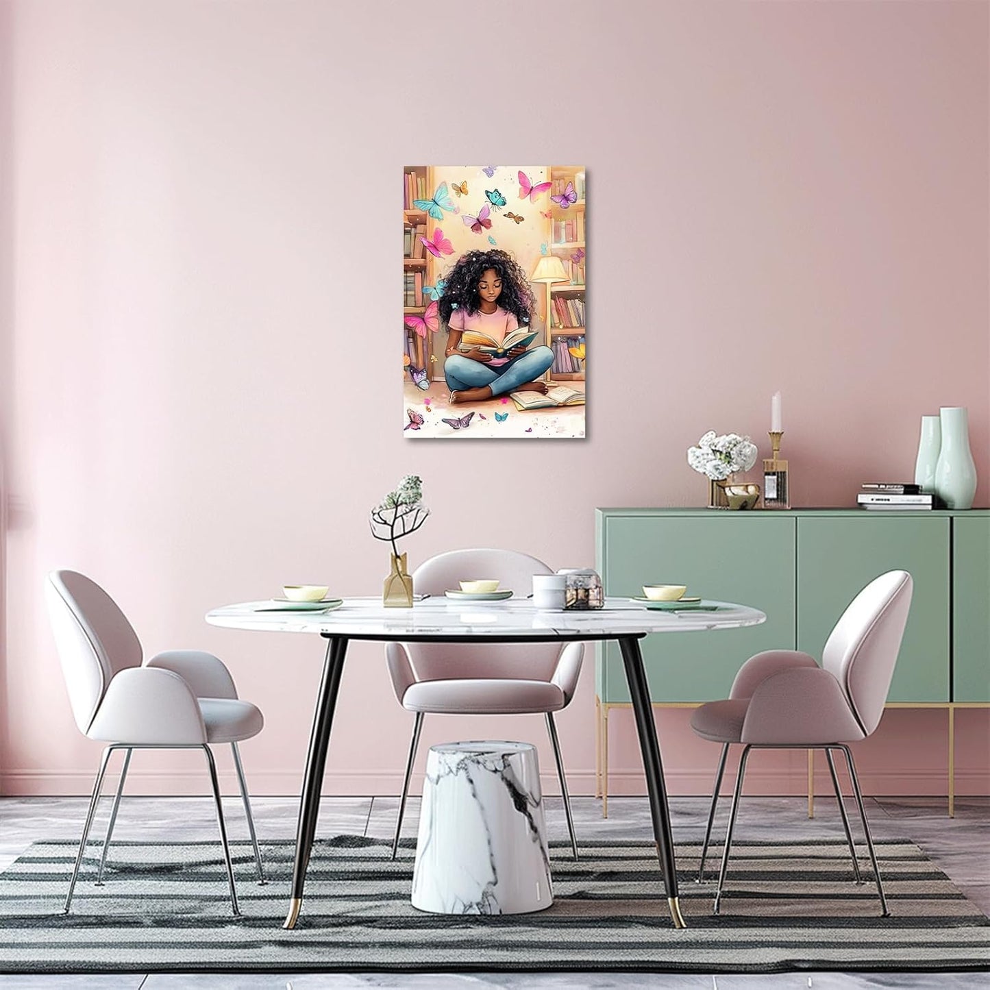 XLMDYYSW African American Wall Art Colourful Black Girl Reading Book Pictures Black Woman Canvas Prints Watercolor Butterfly Painting for Bedroom Decor Framed (Pink, 18L x 12W)