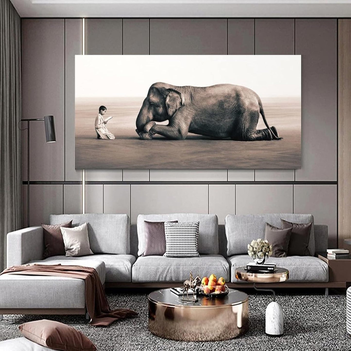 Boy Reading in Front of Elephant Poster Canvas Paintings Black and White Wall Art Prints for Living Canvas Painting Wall Art Poster for Bedroom Living Room Decor 08x16inch(20x40cm) Frame-Style-1