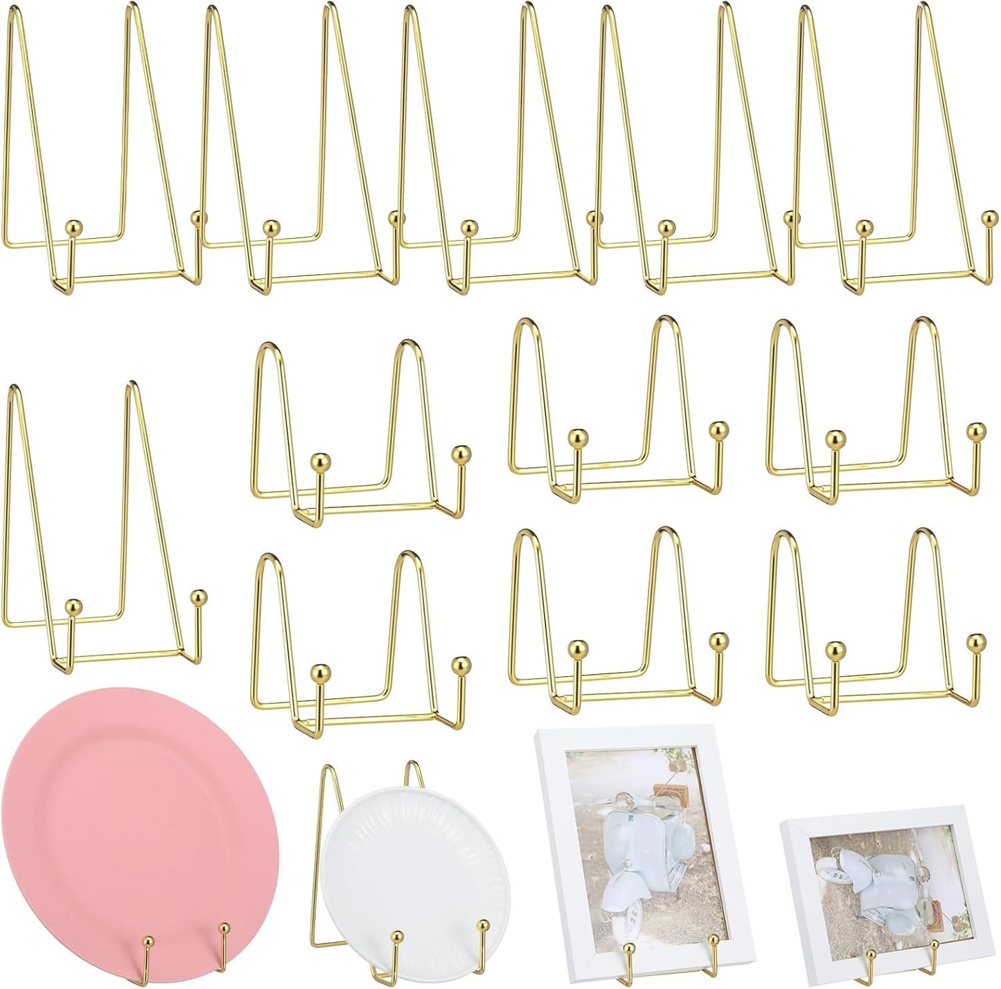 Plate Stands for Display, 12 Pack Gold Metal Picture Frame Plate Holder Easel Stand 2 Sizes Display Stand for Picture, Book, Photo, Easel, Plates, Art Displaying (3 Inch, 6 Inch, Gold)