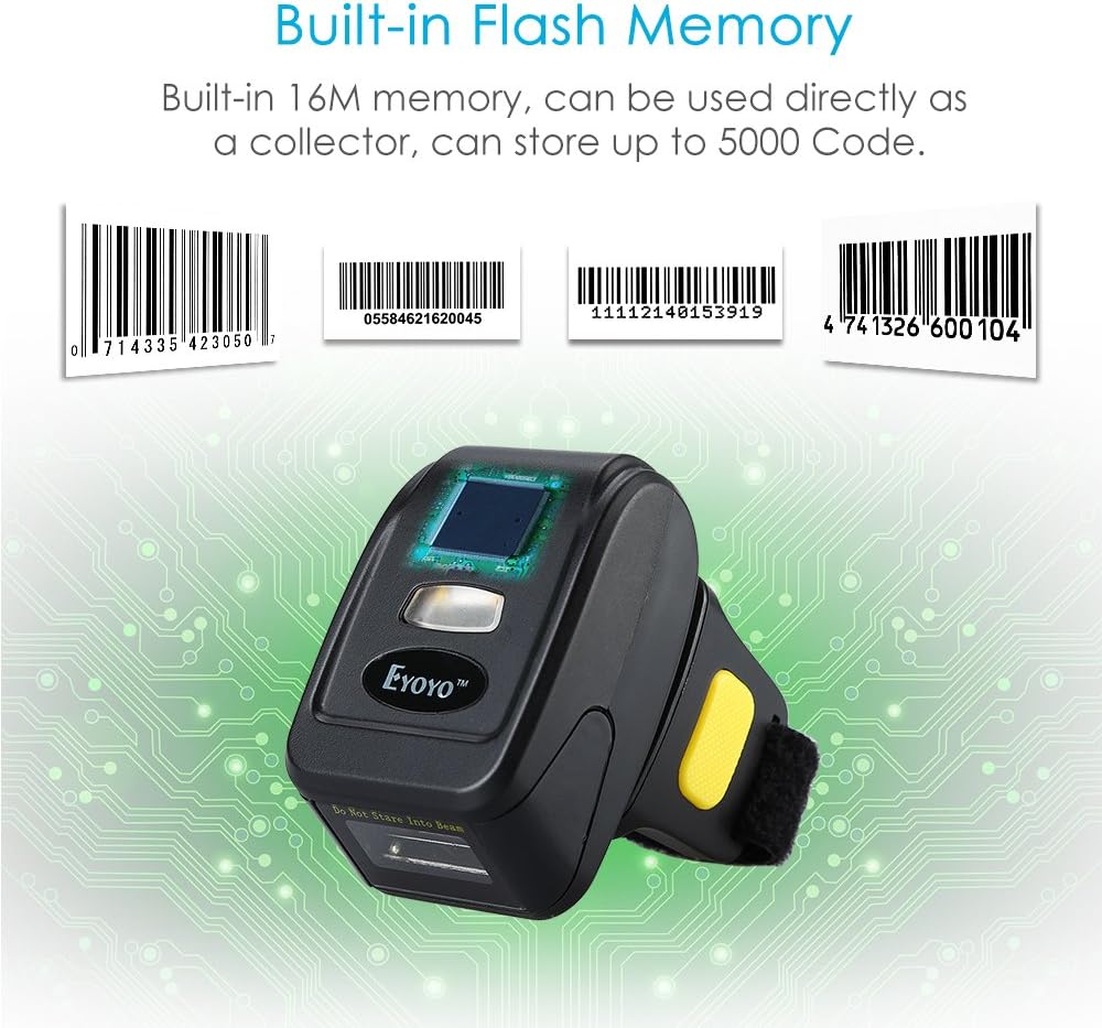 Eyoyo 1D Wireless Wearable Ring Finger Barcode Scanner, Bluetooth & 2.4G Wireless & USB Wired Connection, Portable Mini UPC ISBN Bar Code Reader Compatible with iPhone, iPad, Android, Tablet