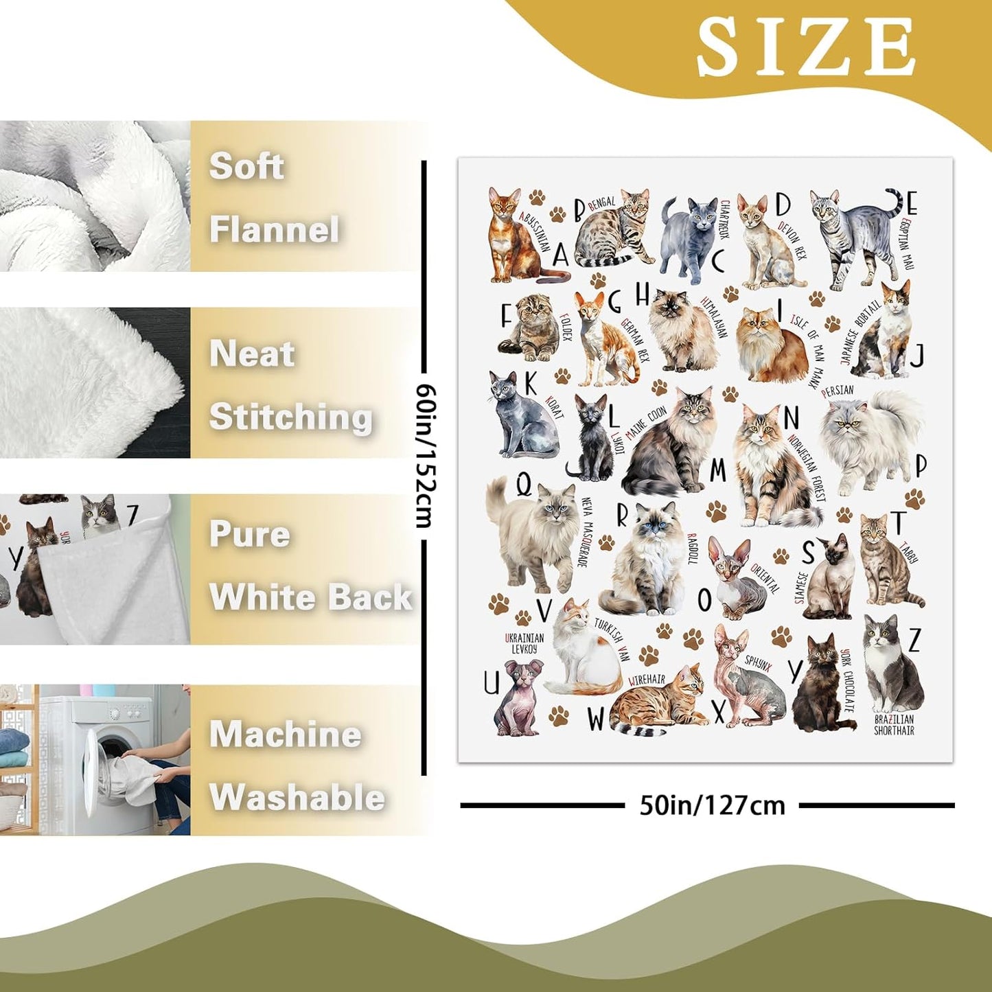 Cat Alphabet Flannel Throw Blanket, Cute Pet Breed Letter ABC Learning Birthday Gifts for Kids Boys Girls, Paw Prints Soft Bedding Sofa Blankets Present for Cat Lover Owner 50" x 60"
