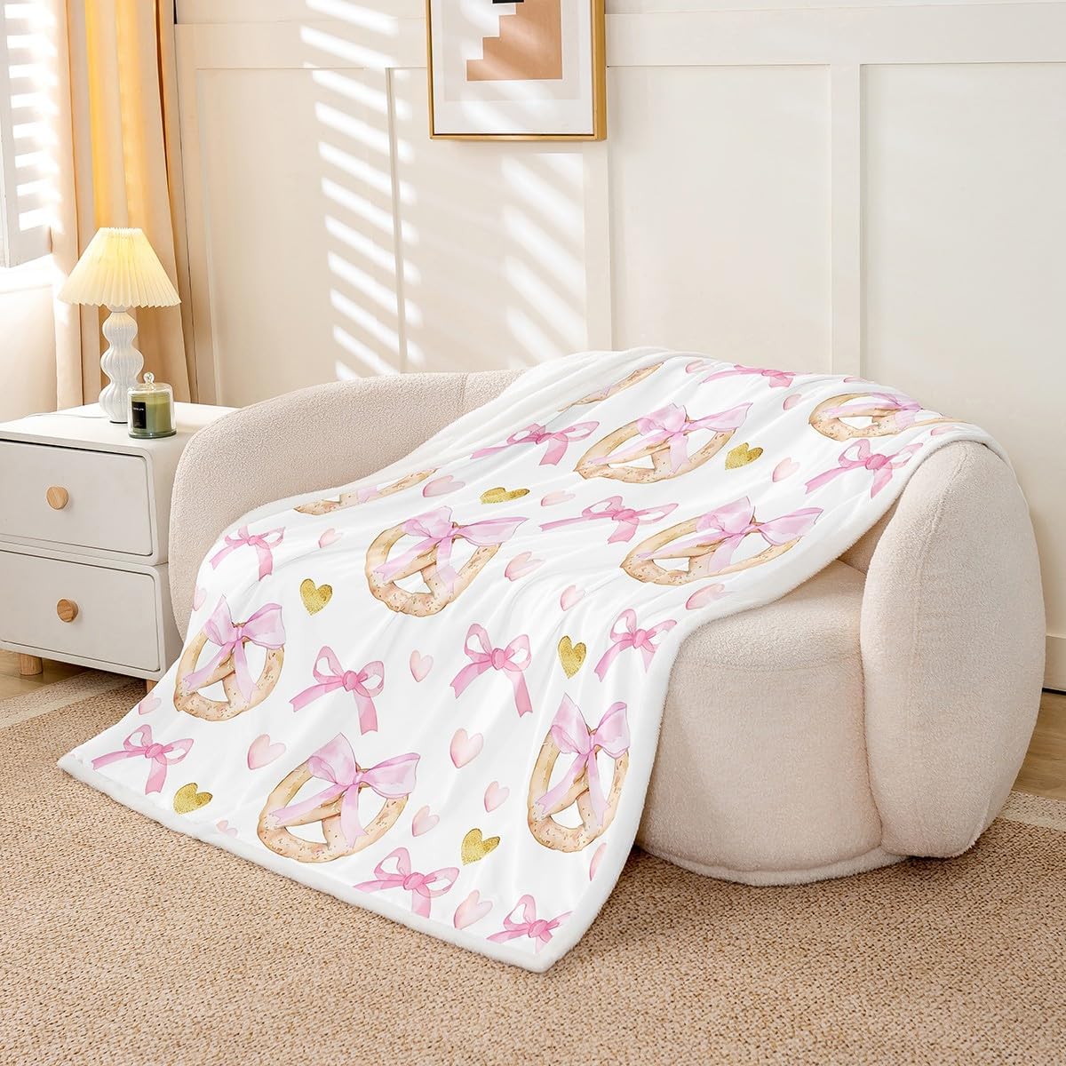 Erosebridal Pink Ribbon Bow Blanket Throw,Sweet Pretzel Bowknot Blankets Throws for Girls Kids,Cute Pink Bowtie Fleece Blanket 30"x40",Kawaii Bows Princess Decor for Girls Bed Sofa Couch