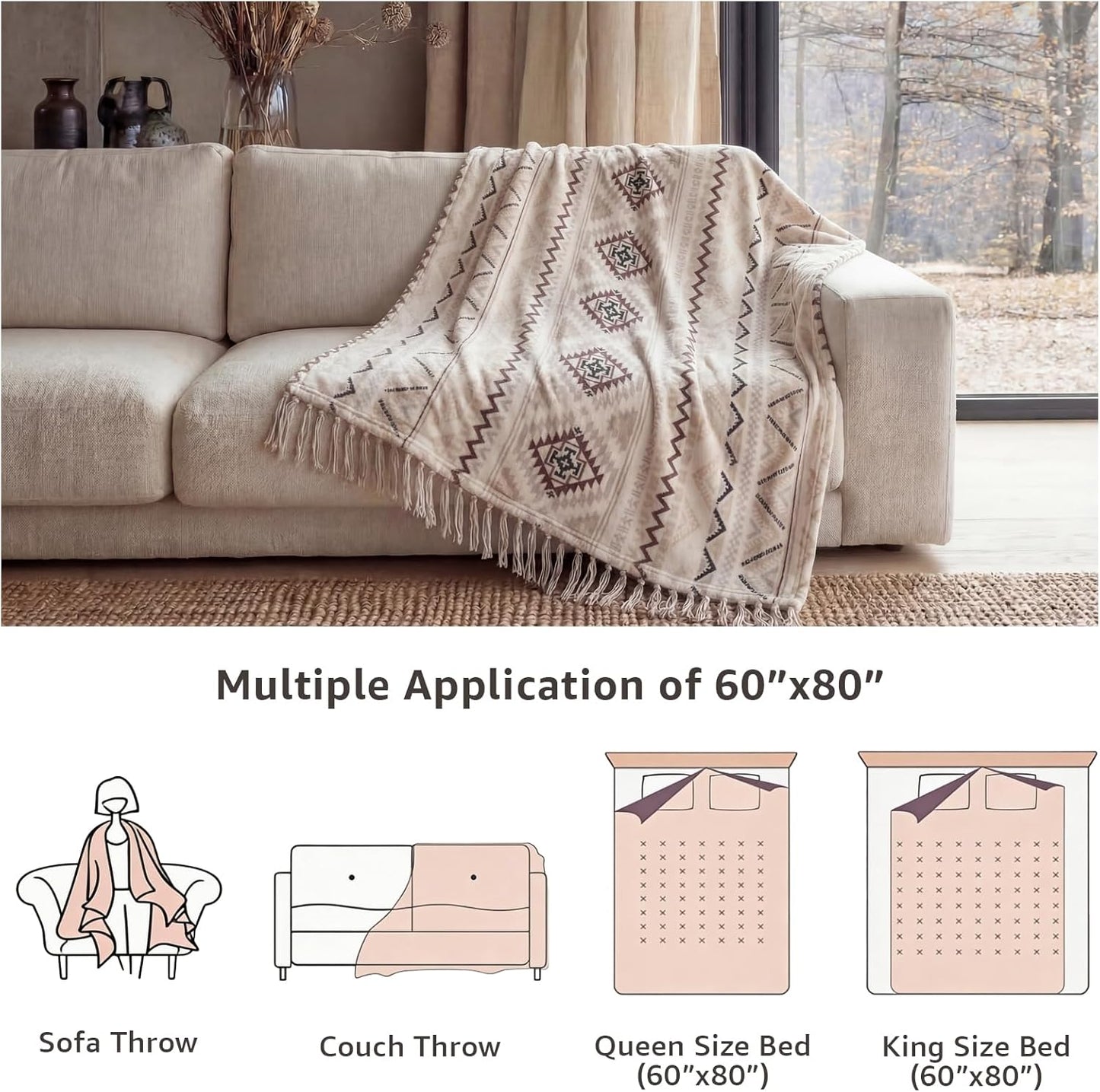 CASAAGUSTO Boho Throw Blanket - Beige and Gray Decorative Blankets with Tassel, Printed Flannel Bohemian Blanket for Chair, Bed, Sofa, Couch(50 * 60, Beige and Gray)