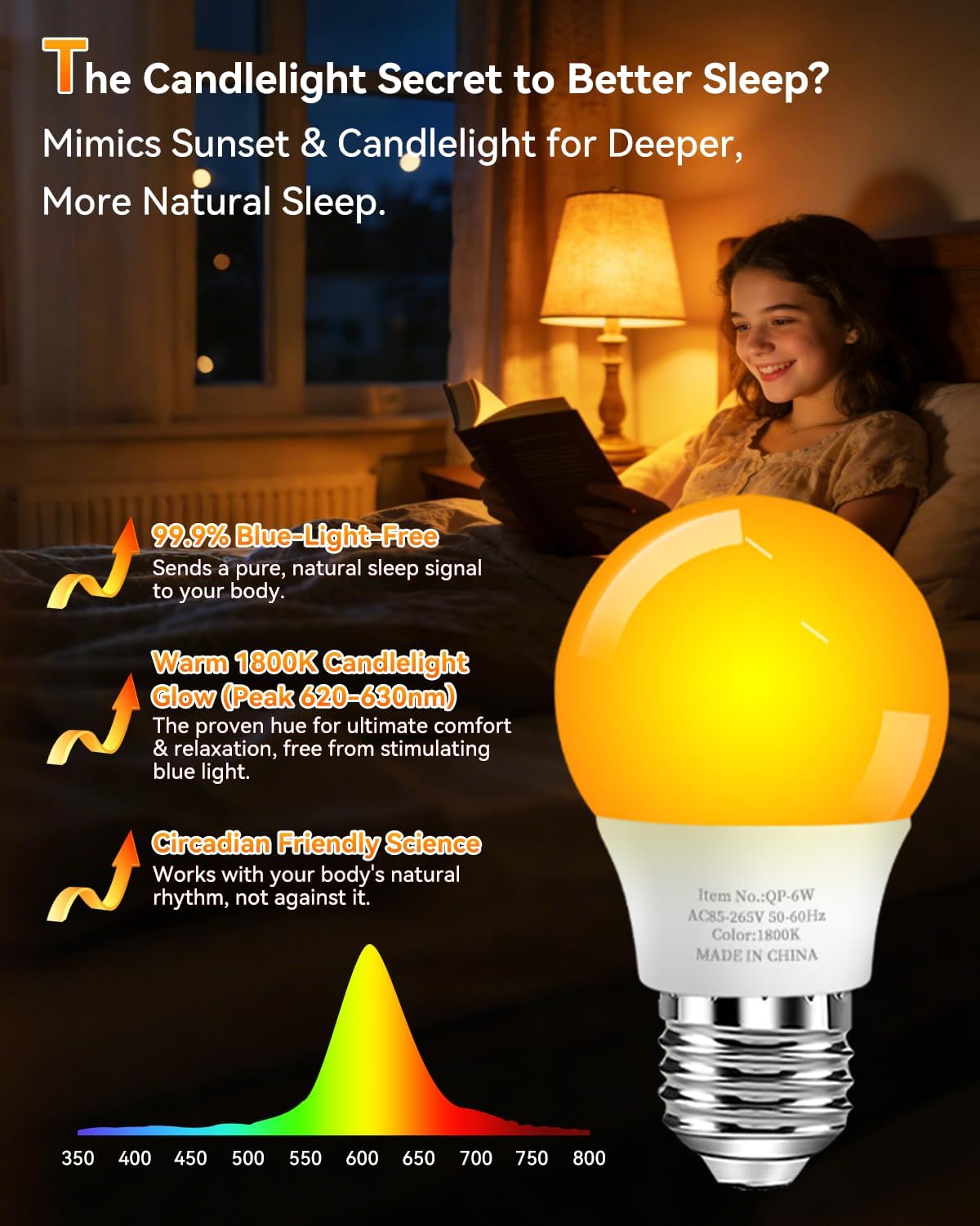 1800K Amber Sleep Light Bulbs, 99.96% Blue Light Blocking, A15 6W(40 Watt Equivalent) Soft Warm Light Bulbs, Eye-Caring Amber Soft Yellow Night Light E26 for Bedroom, Reading, Baby Nursery, 2 Packs