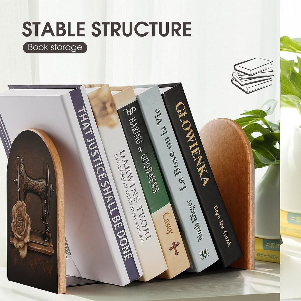 Rose and Sewing Machine Wooden Bookend Non-Slip Book Ends Heavy Duty Book Stopper with Metal Base Books Holderd Decorative Bookends Stands Firmly for Office Supplies