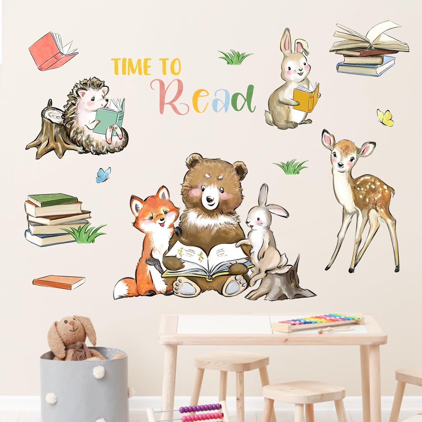 Mfault Time to Read Animals Wall Decals Stickers, Educational Reading Bear Fox Bunny Deer Hedgehog Books Nursery Decorations Classroom Bedroom Art, Neutral Toddlers Kids Study Room Library Decor