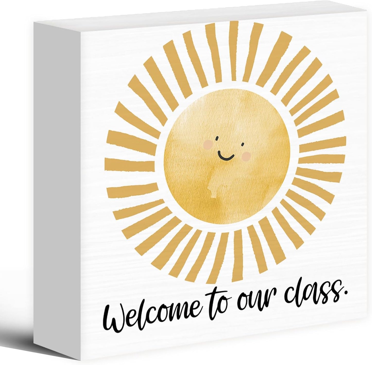 Boho Classroom Sunshine Wood Box Sign Desk Decor 8X8, Pop Smiles Rustic Welcome To Our Calss Wooden Sign Decorations for School Classroom Library Reading Nook Corner Wall Tabletop Shelf Decor