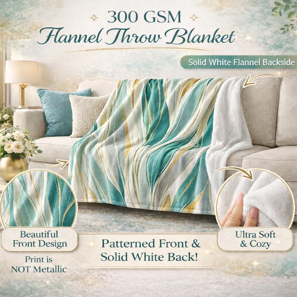 Soft Throw Blanket Watercolor Paint Strokes Pattern Abstract Gold Beige Teal Blue Grey Print Design Lightweight Blanket for Beds, Sofas & Couches - All Seasons Home Décor