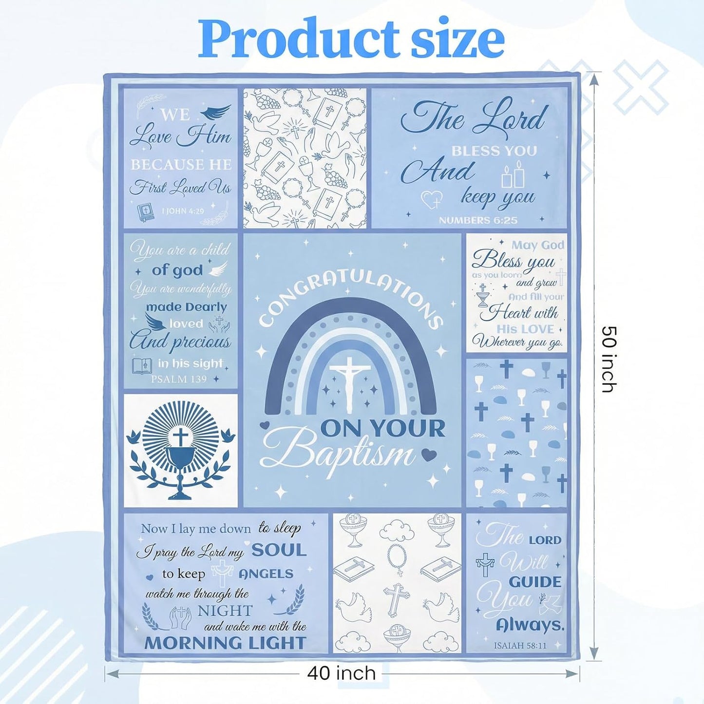 Baptism Gifts for Boys, Baptism Blanket 40x50 inch Blue Bible Verse Throw for Christian Gifts, Religious Scripture Christian Blanket for Boys Girls Baptismal Favors