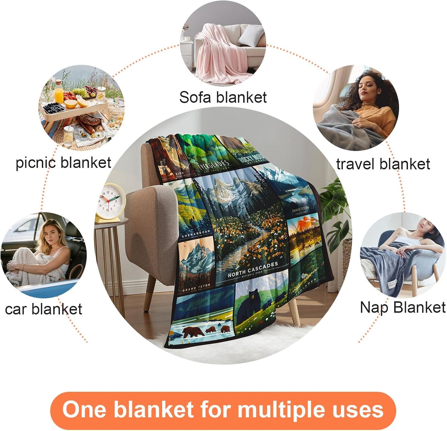 National Park Blanket, Natural Scenery Flowers Forest Bear Animal Combination Bedroom Travel Living Room Sofa Cover Blanket for Kids Boys Girls Teens Adults 50 x 40 Inch