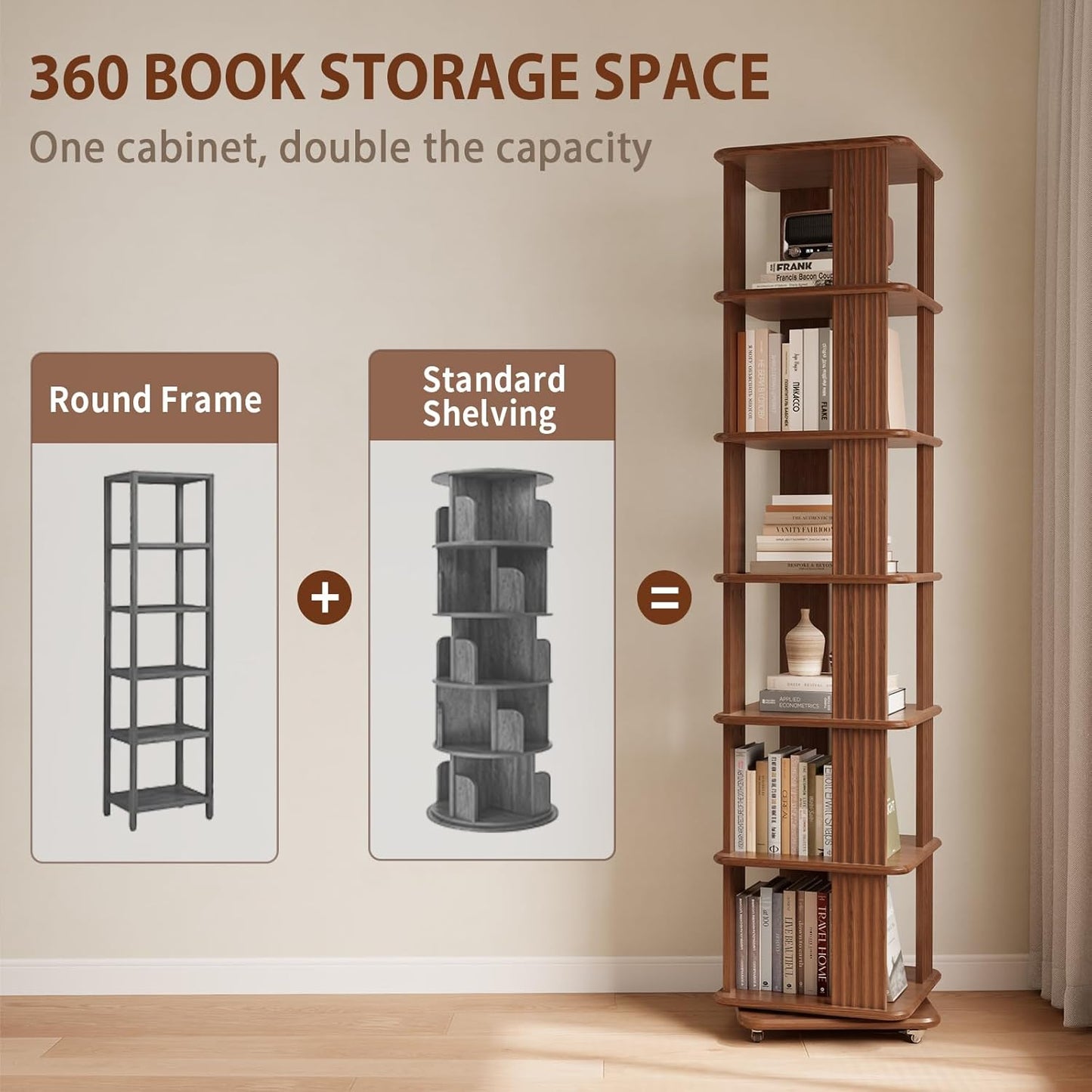Solid Wood Rotating Bookshelf, 6-Tier Rolling Bookcase，360 Degree Revolving Bookshelf，Spinning Bookshelf Tower for Small Spaces, Bedroom，Office，Living Room，Classroom (Walnut)