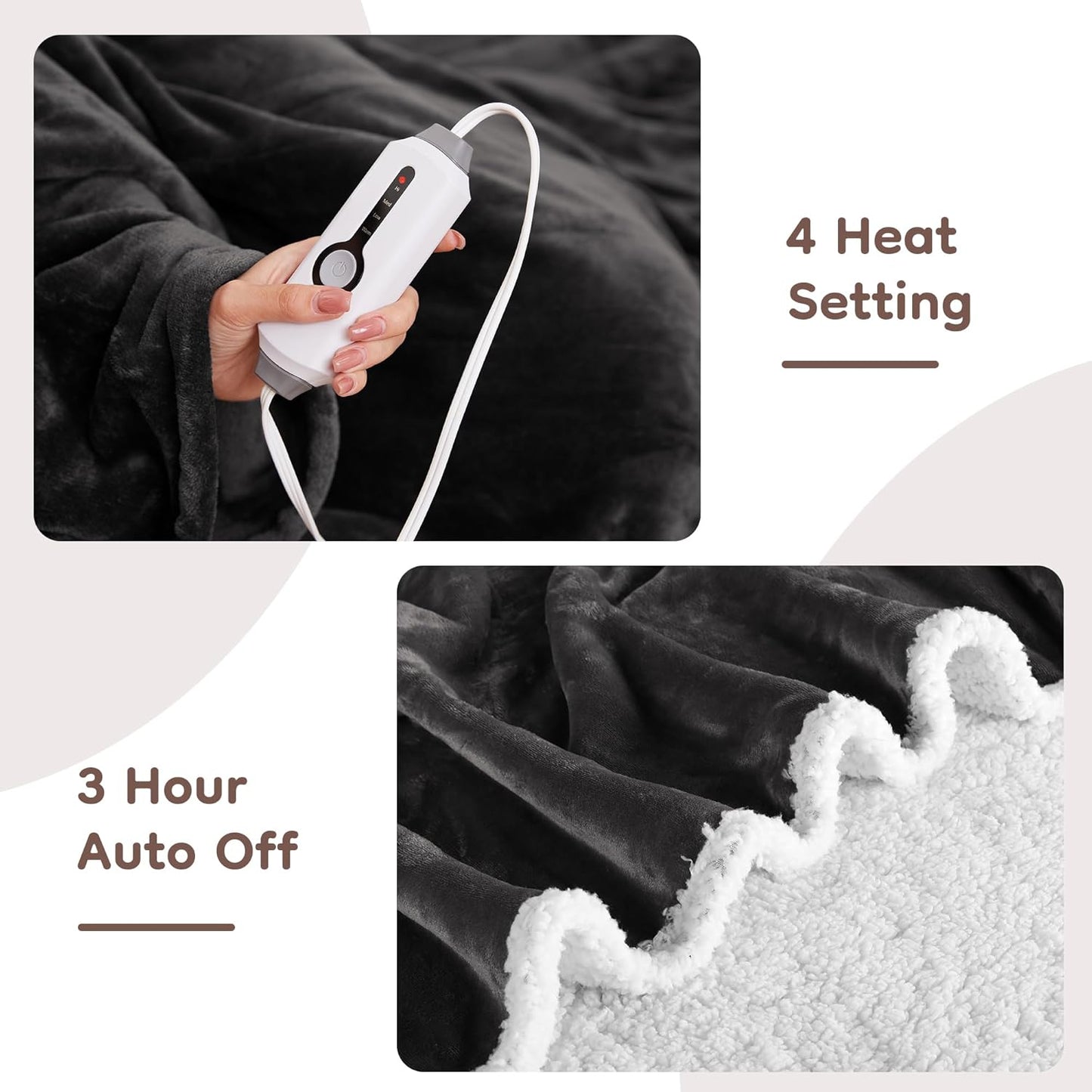 Electric Heated Blanket Throw Size 50"x60", Dual-Sided Soft Flannel & Sherpa, 4 Heat Settings with 3H Timer, Breathable Warm for Bed & Couch, Machine Washable, Dark Grey
