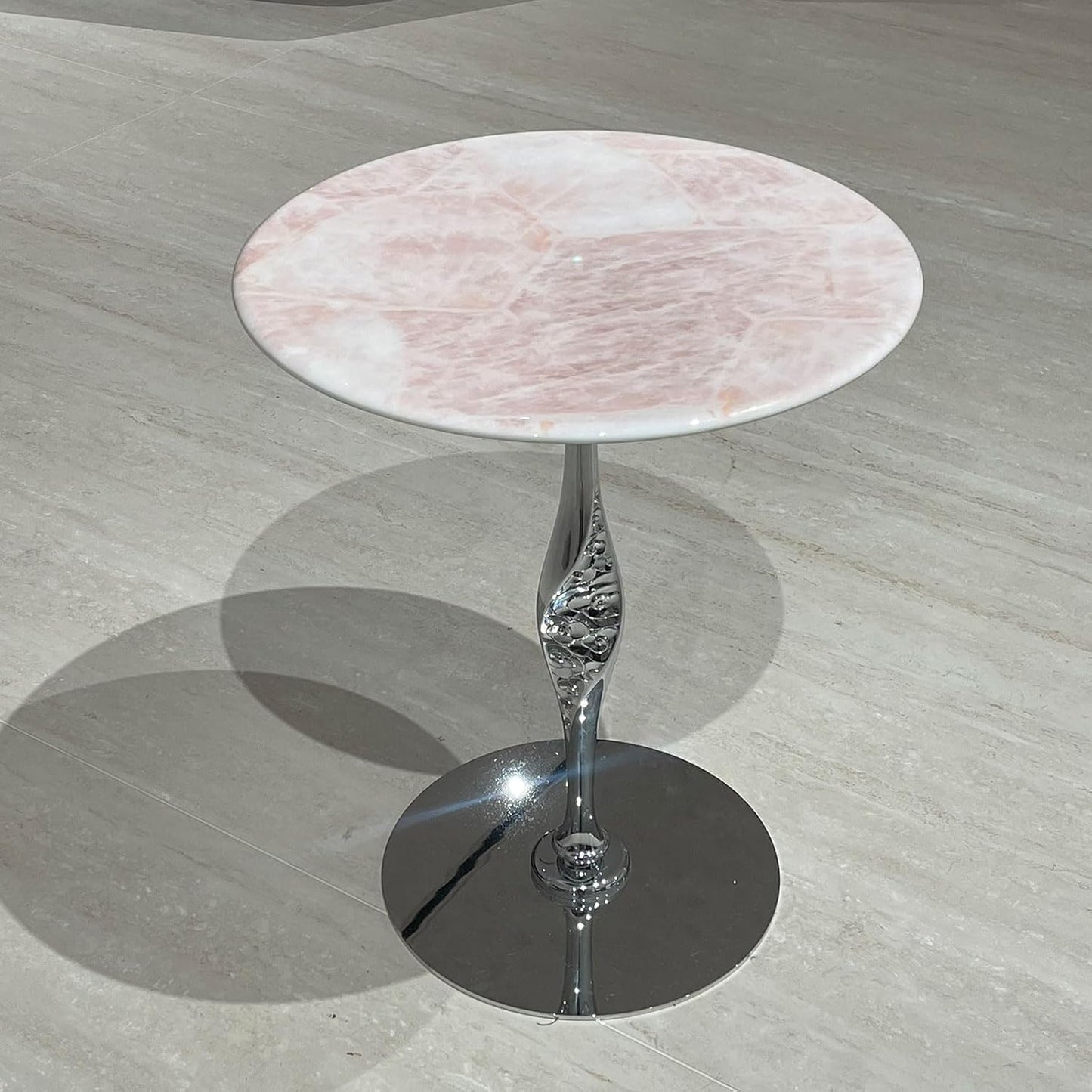 Round Marble Bar Table, Pink Small End Table for Couch with Sliver Base, Bistro Cocktail Table Narrow Side Table for Tight Spaces Home Office Dining Room