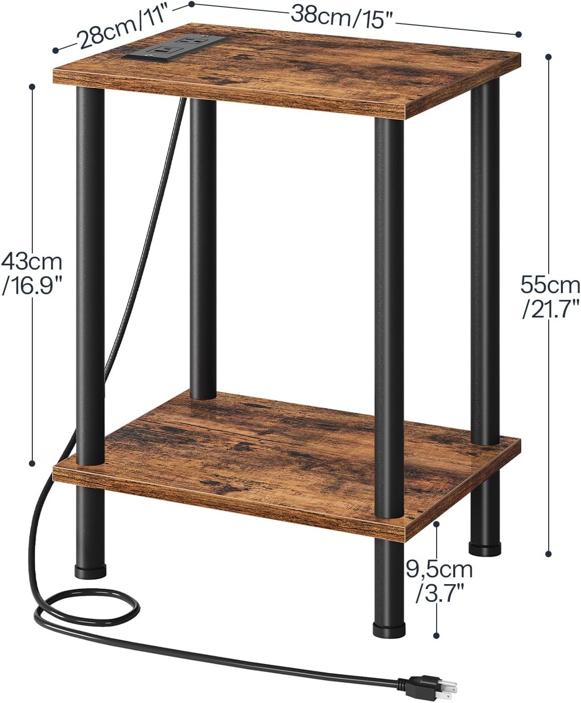 HOOBRO Side Table with Charging Station, Small End Table with USB Port and Outlet, Nightstand with 2-Layer Storage Shelves for Small Spaces, Living Room, Bedroom, Stable Frame, Rustic Brown BF09UBZ01