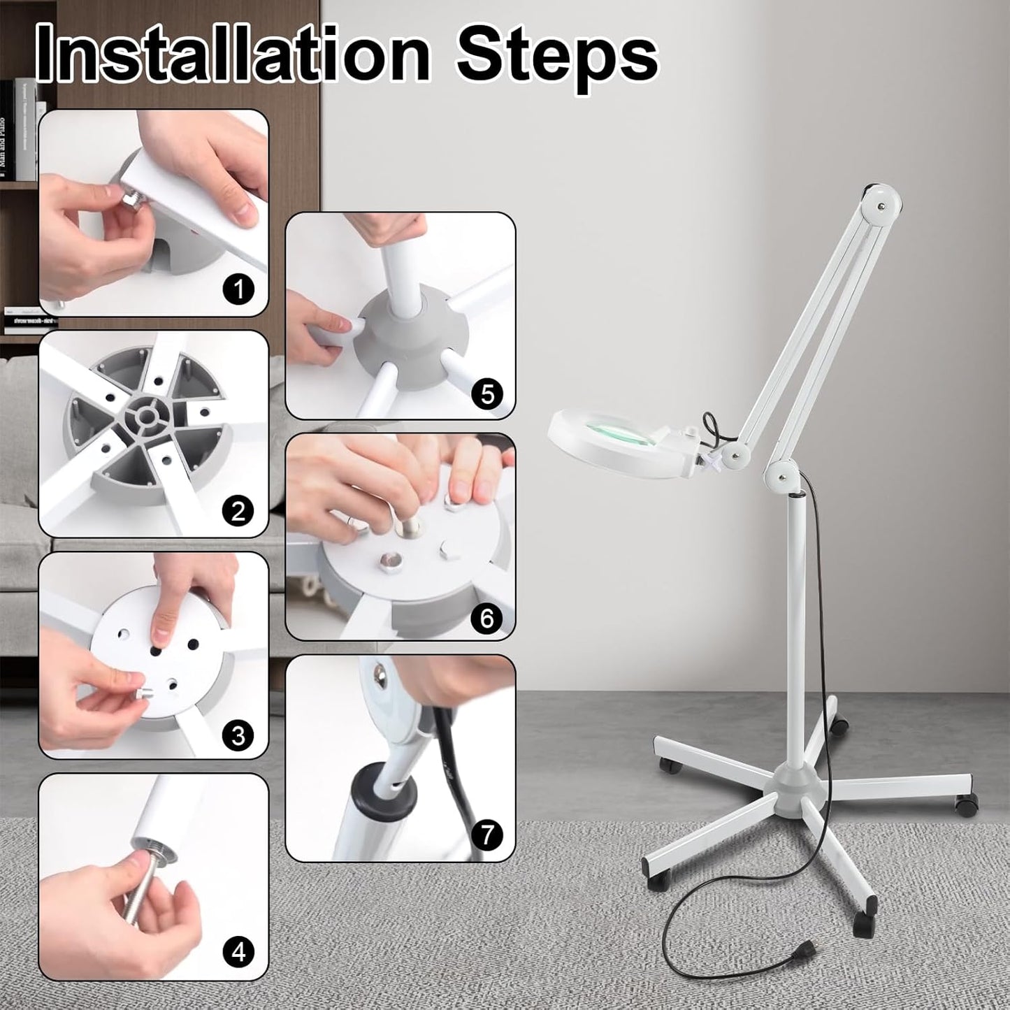 VARIPOWDER 5X Magnifying Glass with Light and Stand, Magnifying Floor Lamp with 5 Wheels Rolling, Estheticians Mag Floor Lamp for Facials, Magnifier for Esthetician Facial Salon, Sewing, Close Work