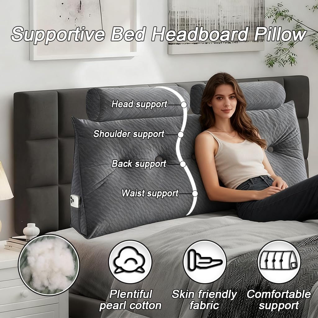Velvet Triangular Headboard Wedge Pillow With Roll Pillow,Removable Cover Headboard Pillow Daybed Bunk Bed,Backrest Positioning Support Pillow Resting Reading Relaxing (Grey, King(76 * 20 * 8in))