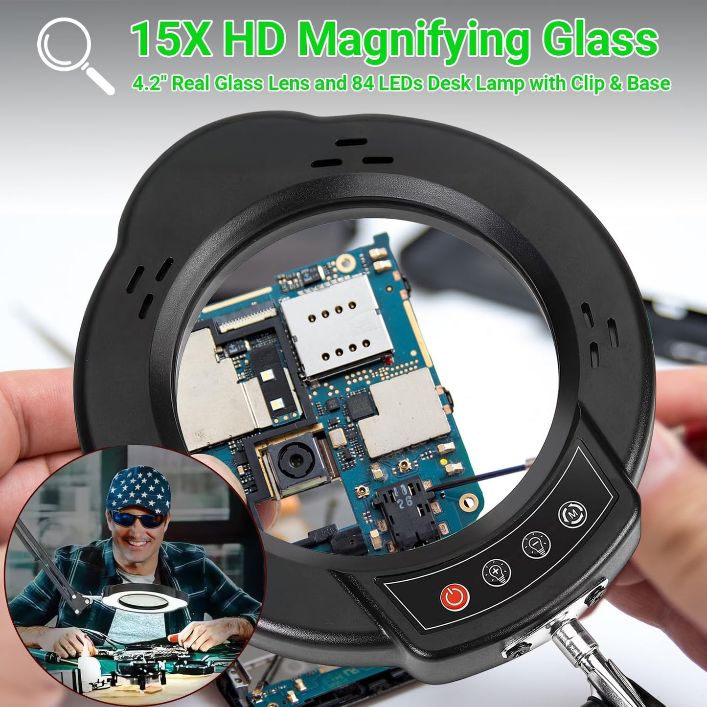 15X Magnifying Glass with Light and Stand, 5 Color Modes 10 Levels Adjustable Brightness, 2-in-1 Desk Lamp with Clamp, Hands Free LED Light Magnifier for Craft Hobby Reading Repair Close Works