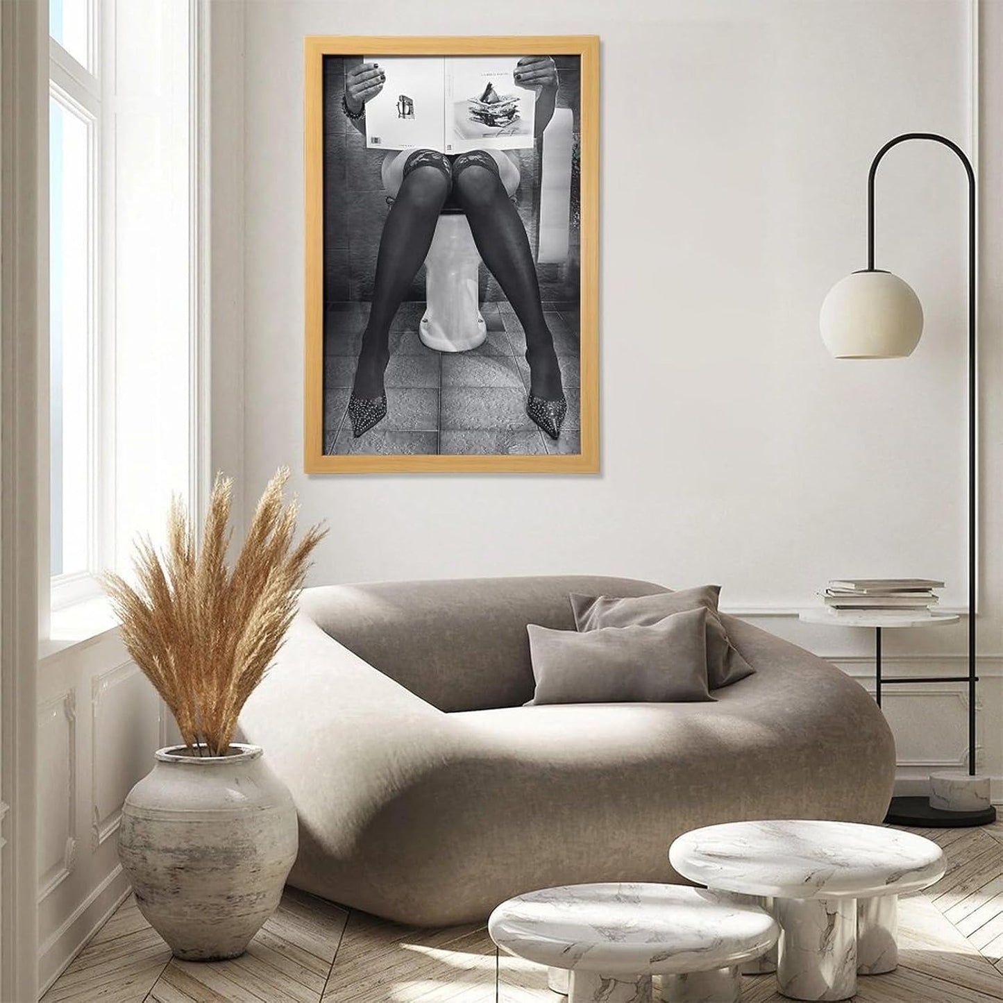Rucatto Woman Reading Newspaper in Toilet Painting Art Poster Wall Art Paintings Canvas Wall Decor Home Decor Living Room Decor Aesthetic 08x12inch(20x30cm) Wooden Frame-style