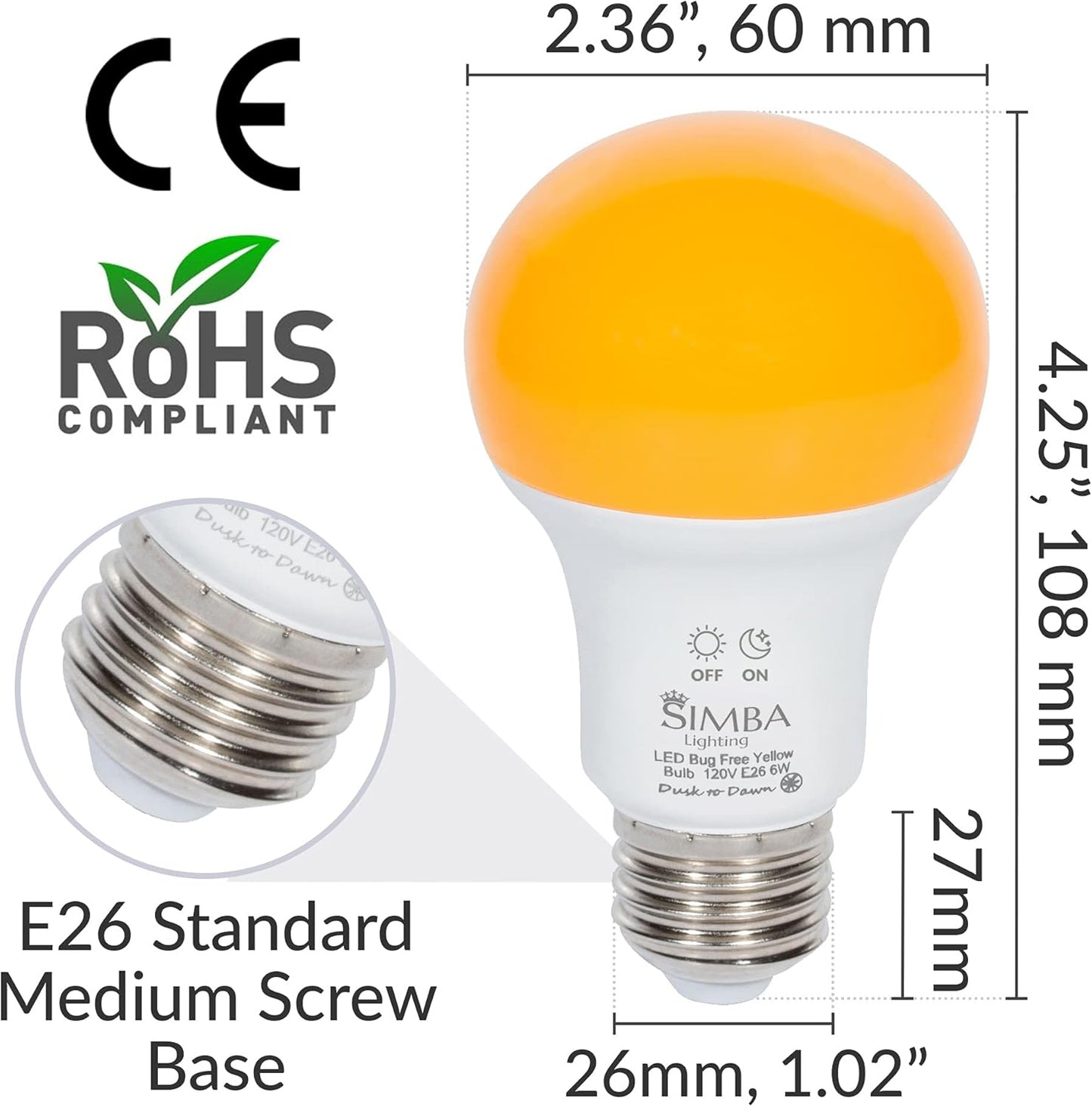 Simba Lighting Bug Non-Attracting Yellow LED Bulb 6W 40W Equivalent, Great for Outdoor Porch Light, Night Light, Dusk-to-Dawn Smart Sensor Auto On/Off, Amber Warm Light, A19 E26 Medium Base, Pack of 2