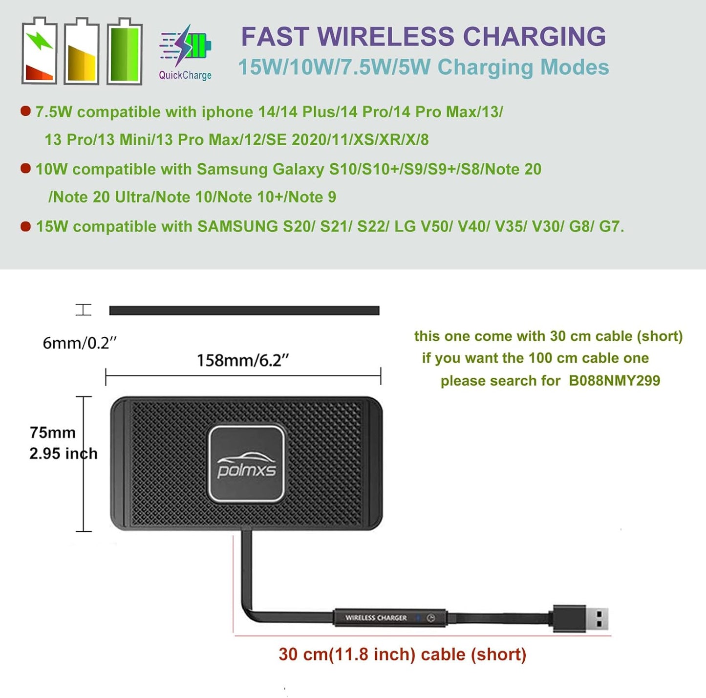 Wireless Charger Car Charging pad,POLMXS 15W Fast Wireless Phone Charger Non Slip Cell Phone Flat Charging mat Compatible with iPhone 11/12/12/14/15 Galaxy S21/S22/S23/24 NOTE10 (30cm Cable)(C2Y)