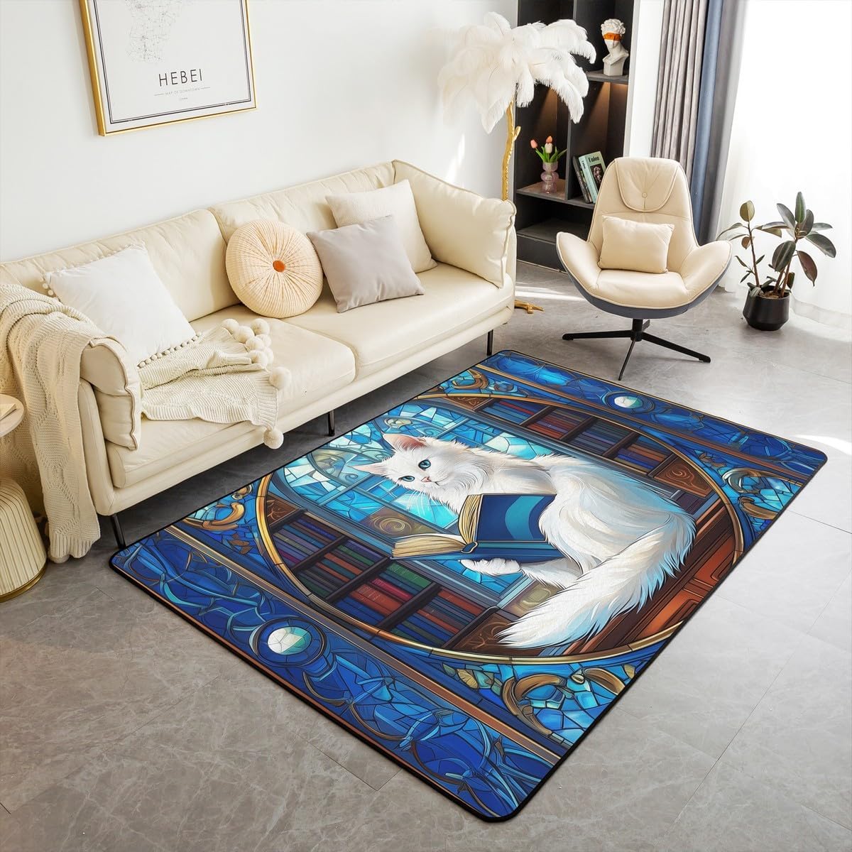 Noble Ragdoll Cat Kids Area Rug,Cat Reading Book Bookshelf Indoor Floor Mat Entrance Rug for Boys Girls,Geometric Patchwork Abstract Non Slip Rug,Blue Cute Couch Living Room Decor,3'x5'