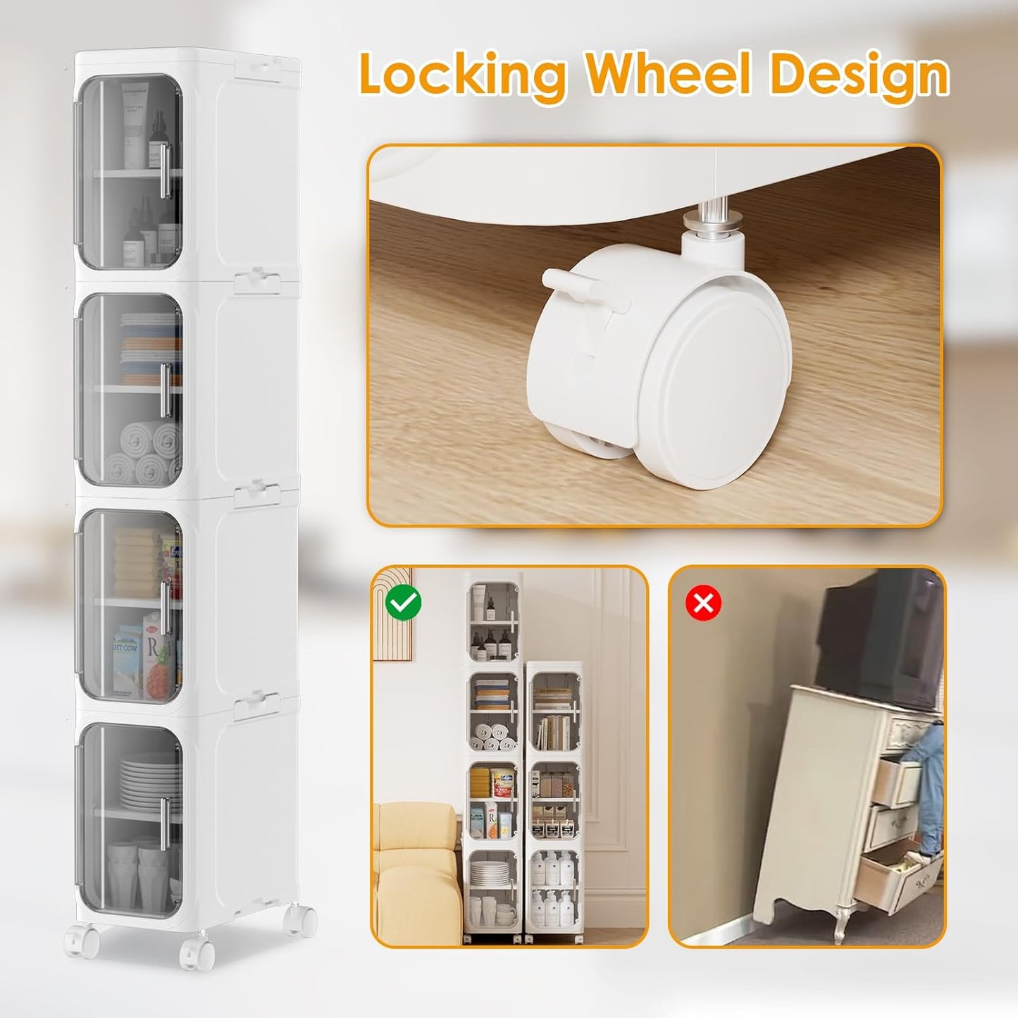 HIYOHIYO 4-Tier Tall Narrow Bathroom Storage Cabinet with Movable and Locking Wheel Design, Slim Storage Cabinet with Adjustable Shelves for Small Space and Kitchen Narrow Spaces, White (Width 8.5")