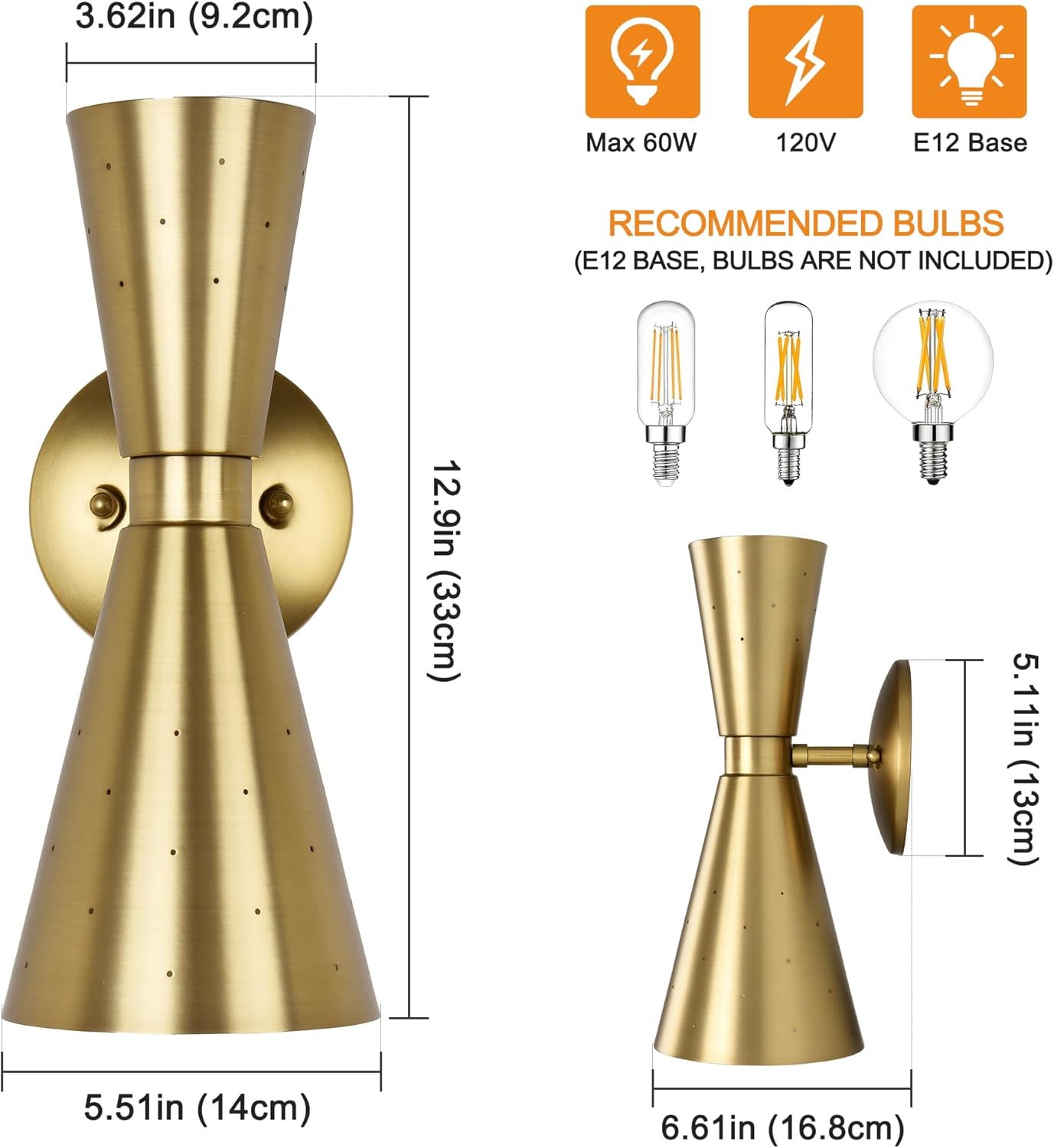 Brass Wall Sconce, Mid Century Modern Sconce Wall Lighting, Up Down Gold Wall Sconces E12 Base, Vintage Farmhouse Wall Lights Hardwired Wall Lamps for Bedroom Bathroom Living Room Staircase