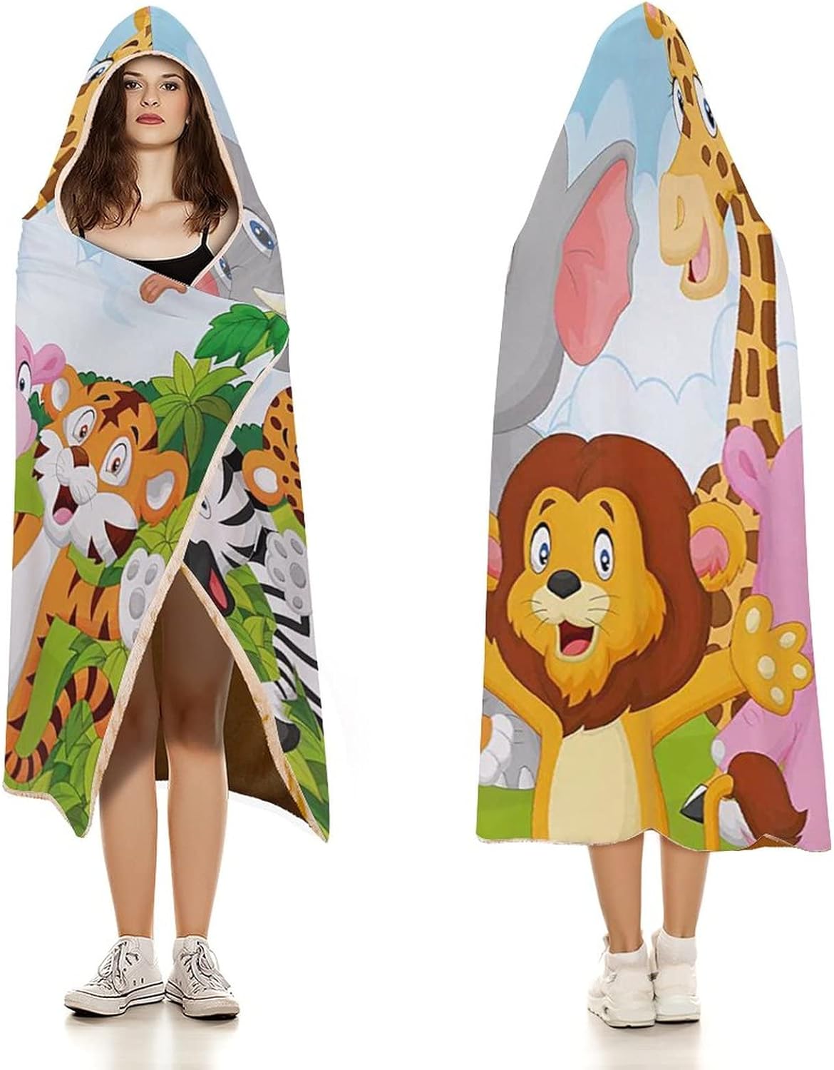 Throw Blankets, Nursery Women Men Hooded Blanket, Comic African Savannah Animals Playful Friendly, Soft Warm Cozy, 50 x 60inches, Studying Reading Snuggling Napping Office, Multicolor