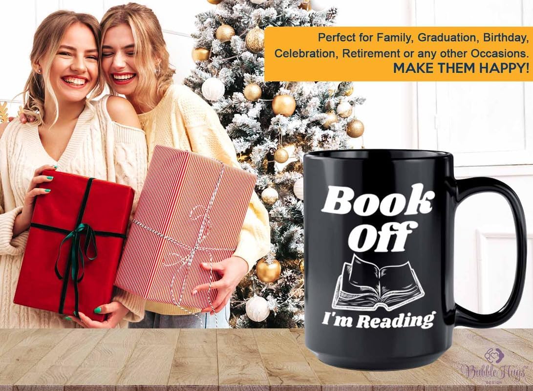 Reading Coffee Mug 15oz Black - Book Off I'm Reading - Reader Gift Bookworm Owl Lover Cat Lover Book Lover Novelist Librarian Writer