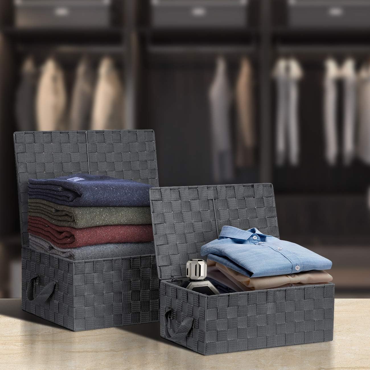 Sorbus Set of 3 Storage Baskets for Organizing with Lid, Mesh Hand-Woven Design, Linen Closet Organizers and Storage, Organizer Storage Baskets for Shelves, Variety Pack Organizers and Storage (Gray)