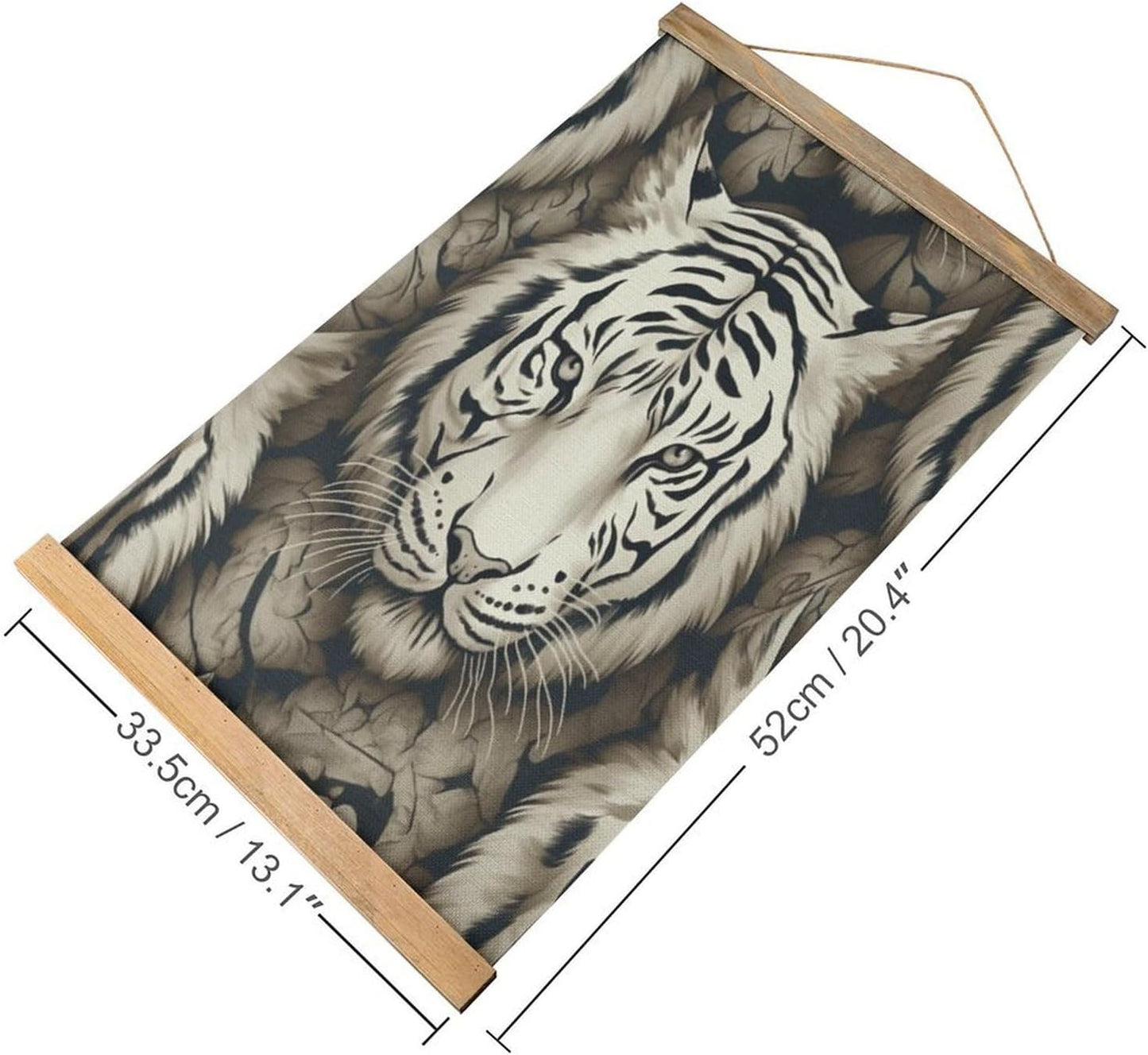 Vintage White Tiger Head Pattern Poster with Wooden Frame Personalized Linen Hanging Scroll Painting Rustic Wall Hanging Illustrative Modern Artwork Decor for Home Living Room Bedroom Office