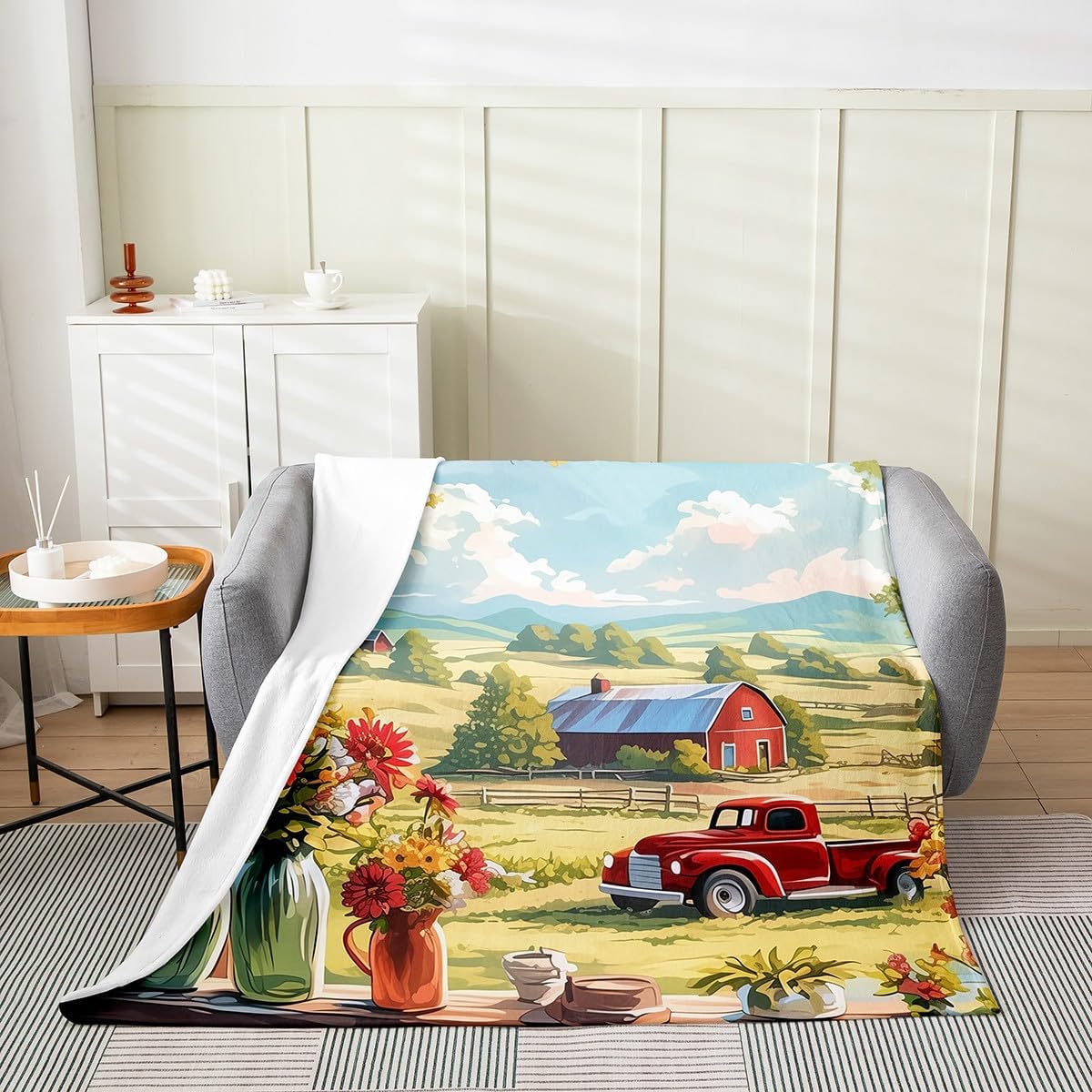 Rustic Farmhouse Style All Season Bed Blanket Red Truck Barn Plush Throw Blanket,Blooming Flowers Home Decorative Flannel Blanket Green Blue Red Blanket for Sofa Couch 60"x80"