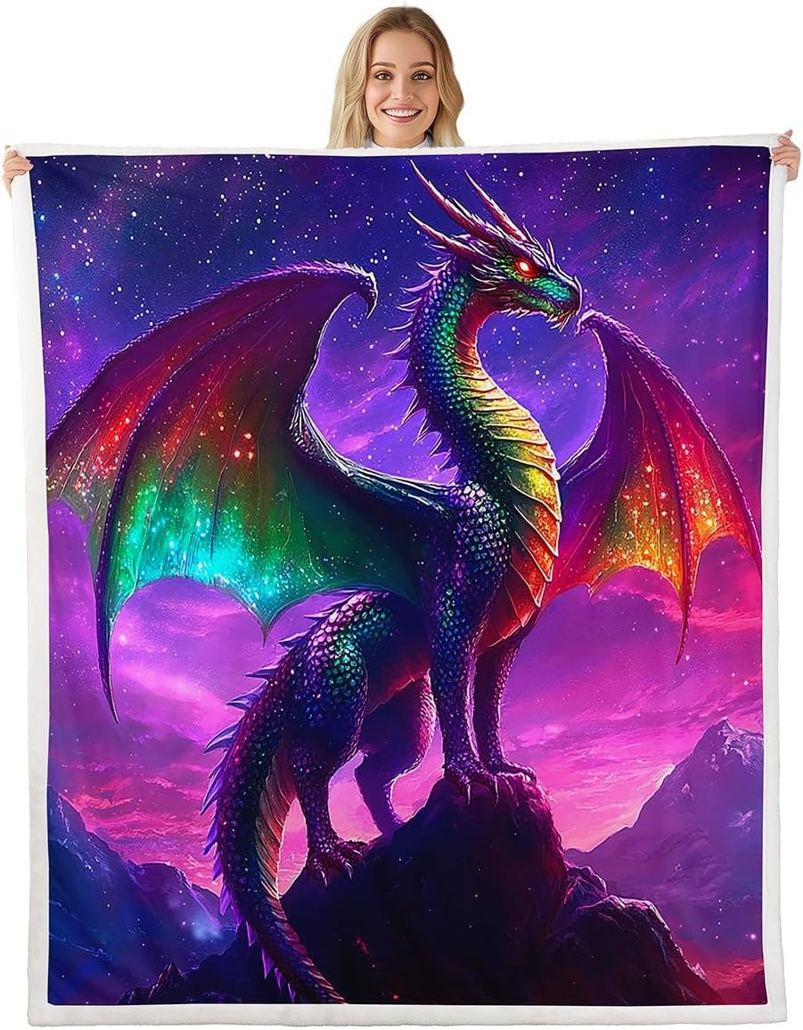Feelyou Dragon Sherpa Blanket Twin 60"x80" Kids Red Rose Dragon Fleece Throw Blanket Chinese Traditional Culture Plush Blanket Galaxy Dragon Purple Fuzzy Blanket