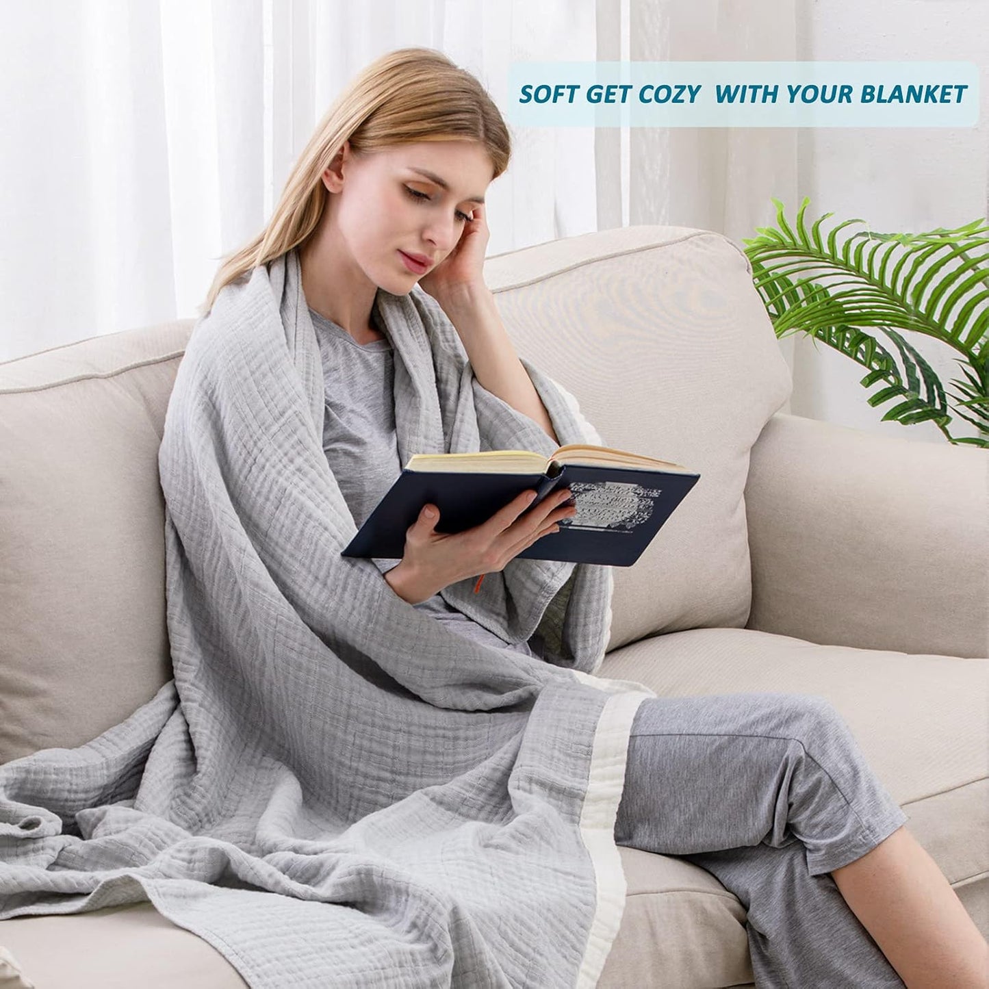 SE SOFTEXLY Cotton Muslin Throw Blanket for Adults,Breathable 4-Layer Yarn Dyed Linen Texture Gauze Blanket for Bed Sofa Couch,Super Soft Light Weight Blanket for All Season（50"x60",Grey）