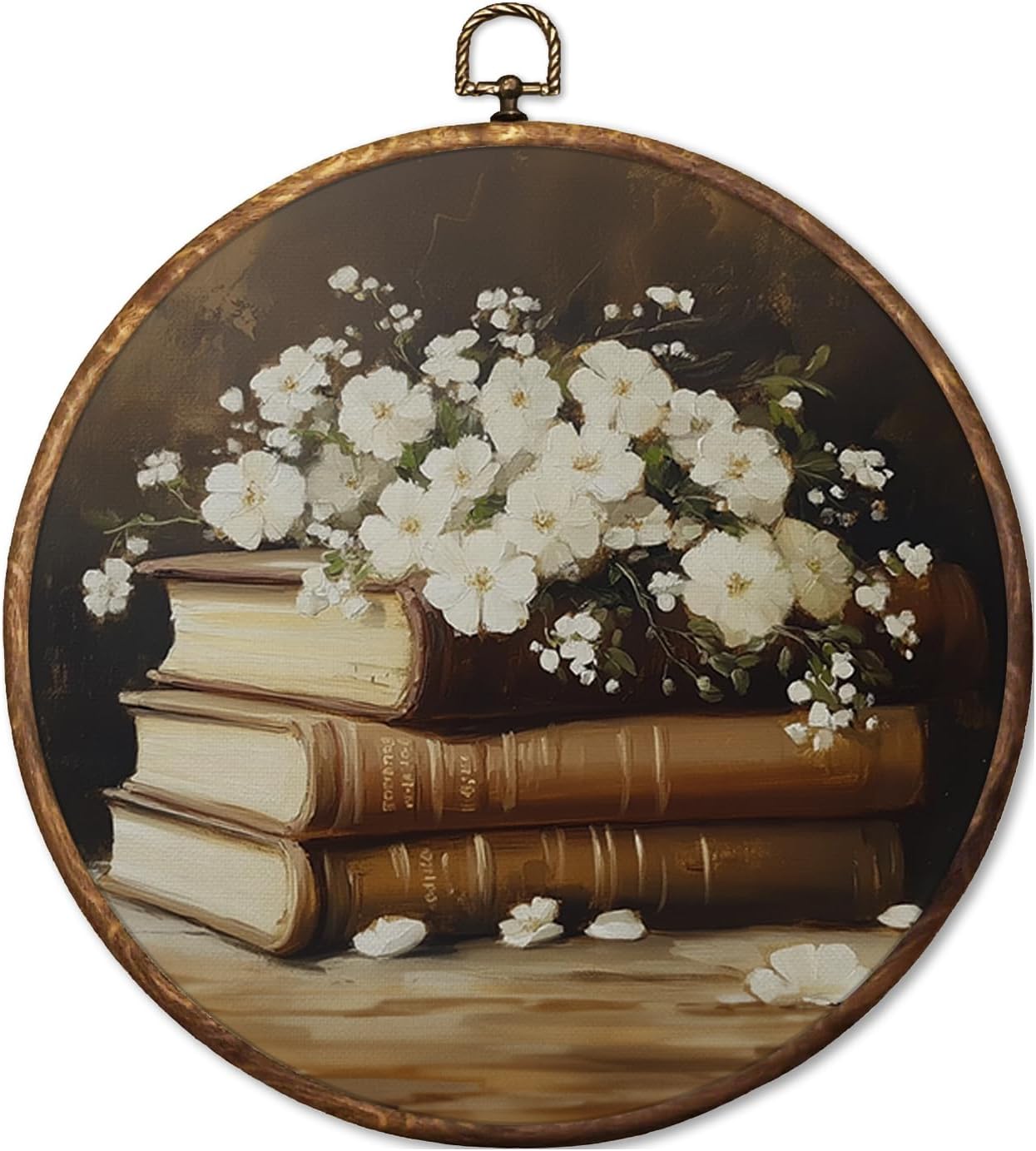 Fyecoluo Moofy Floral Book Round Canvas Wall Art, Vintage Reading Framed Canvas Art, Light Academia Bookish Circle Wall Hanging Prints for Library Reading Room Decor, 10x10 Inches