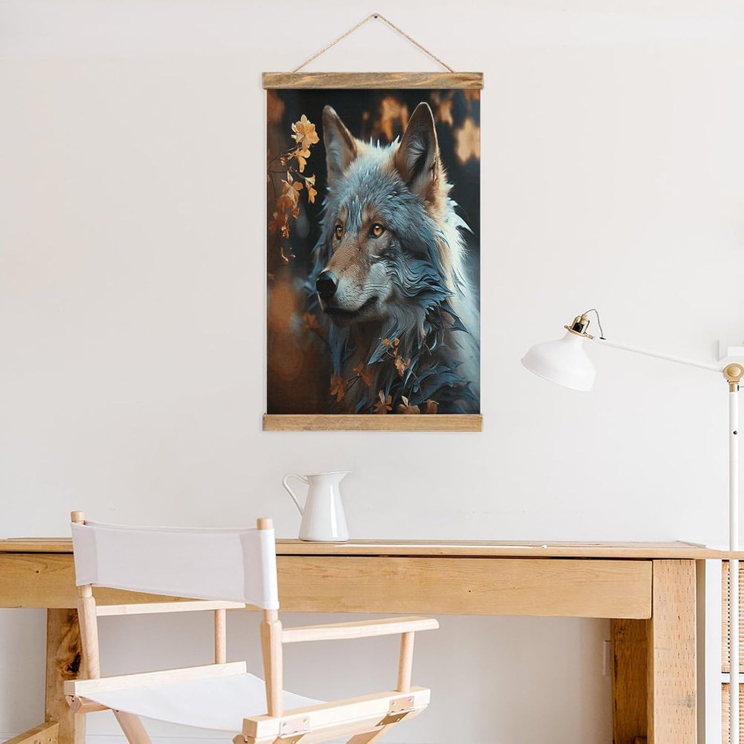 Vintage Autumn Leaves And A Wolf Poster with Wooden Frame Personalized Linen Hanging Scroll Painting Rustic Wall Hanging Illustrative Modern Artwork Decor for Home Living Room Bedroom Office