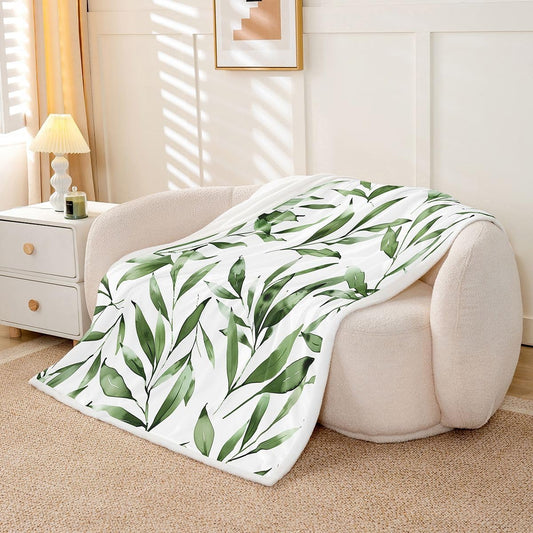 Feelyou Green Leaf Throw Blanket Olive Leaf Soft Fleece Sherpa Cozy Fuzzy Plush Warm Green Fuzzy Plush Throw Modern Farmhouse Queen 90"x90" for Bed Couch Living Room