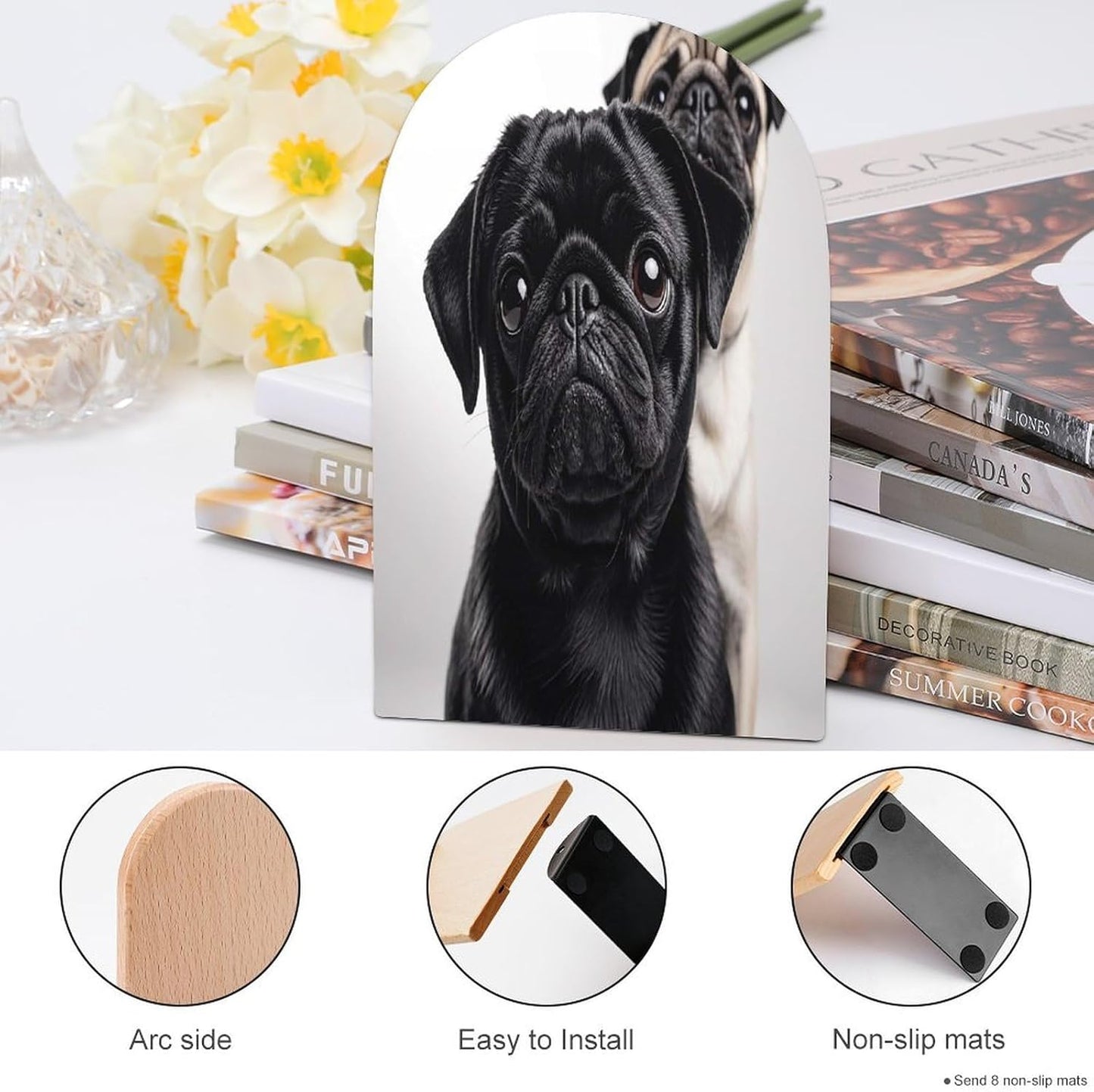 Cute Black Pug Dog Bookends Wooden Book Ends for Shelves Big Sturdy Book Holders Stoppers with Metal Base for Shelves Heavy Duty Book End Office Book Stopper