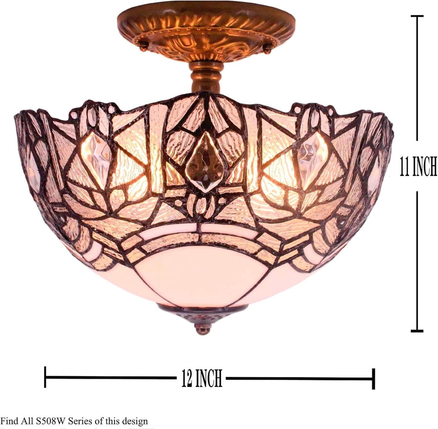 WERFACTORY Tiffany Ceiling Light Fixture Crystal Bead White Stained Glass Semi Flush Mount Lamp Wide 12 Inch, Height 11 Inch S508W Series