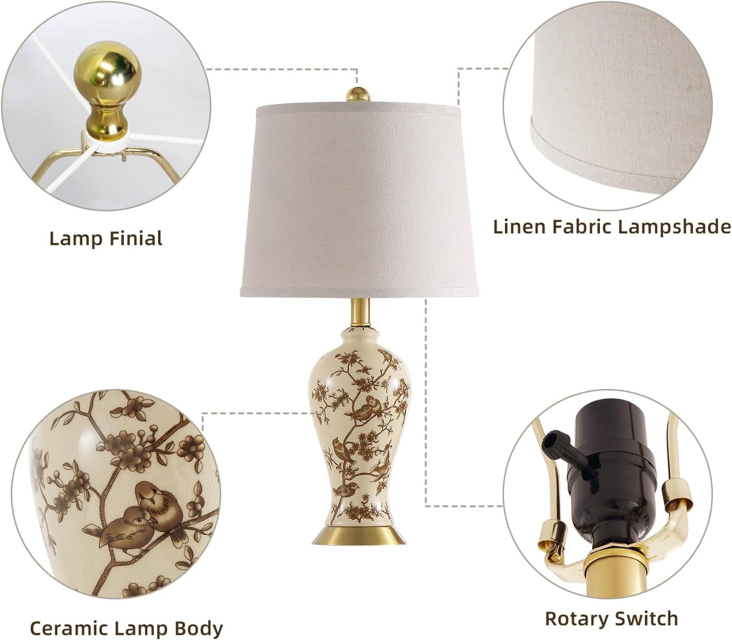 RORIA 24" Chinoiserie Ceramic Small Table Lamps Set of 2 for Living Room, Bird Pattern Branch Traditional Table Lamp for Bedroom Nightstand Entryway, 2 LED Bulbs Included
