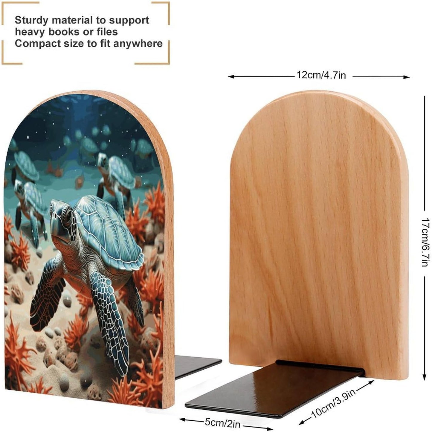 Turtle Starfish Bookend for Shelves Wooden Book End Large Size Sturdy Book Holders Stoppers with Metal Base for Bookshelves Slick Decorative Bookends Stands