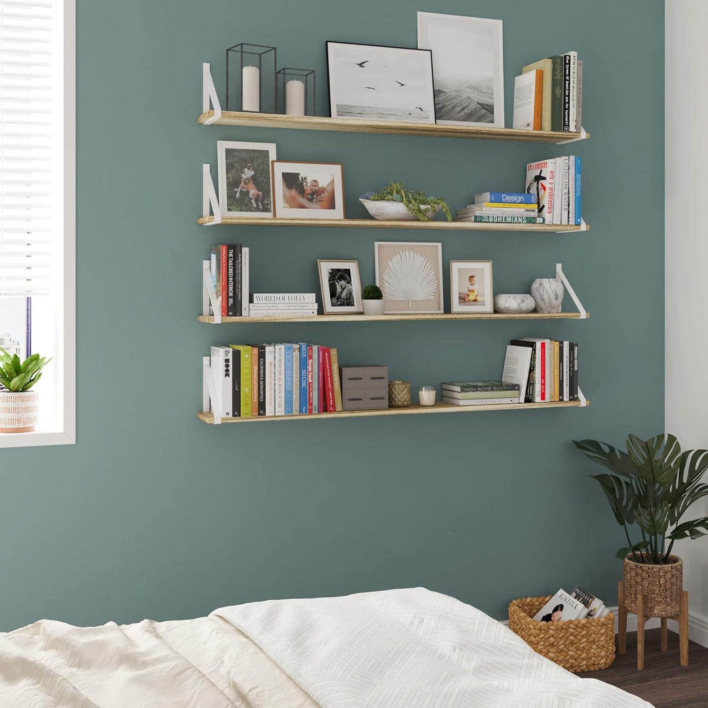 Wallniture Bora Long Floating Shelves, 48" x 6" Wall Mounted Bookshelf for Living Room, Bathroom, Kitchen, and Bedroom, Rustic Wall Shelves, Set of 4, Burnt