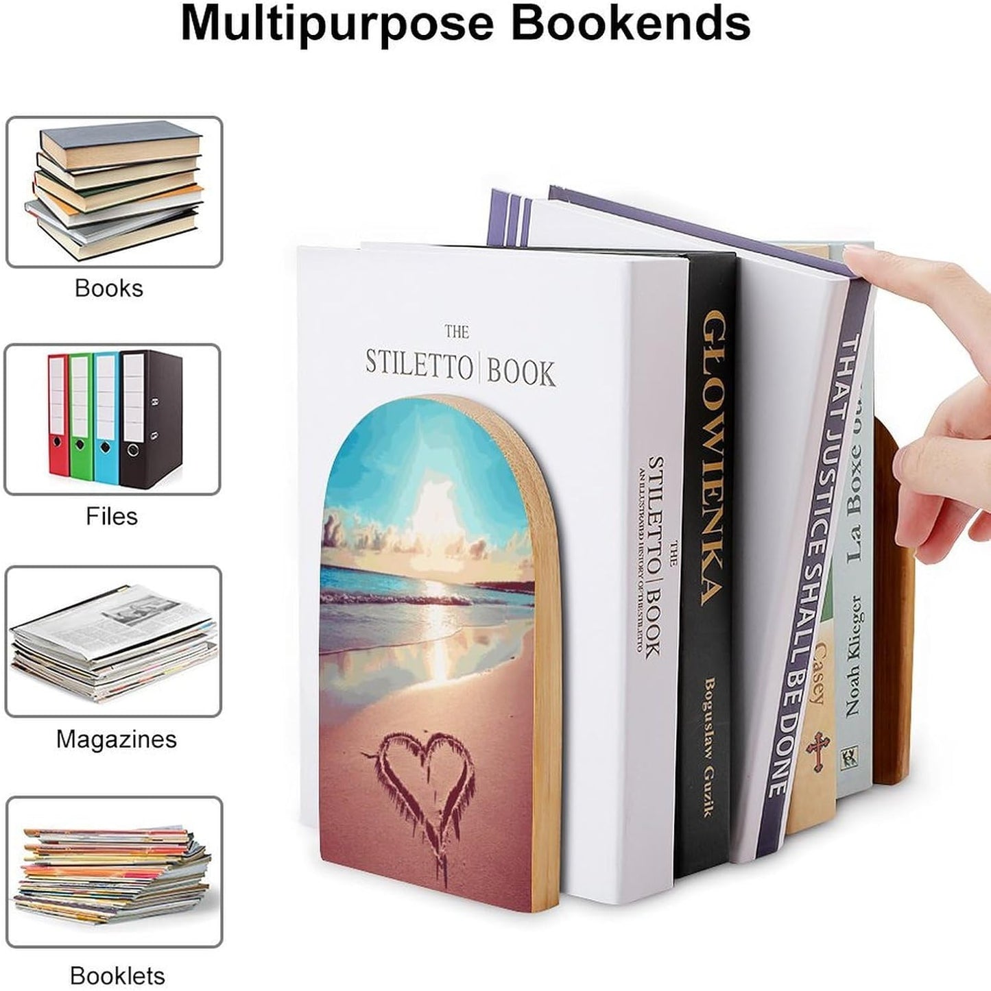 Love Beach Bookend for Shelves Wooden Book End Large Size Sturdy Book Holders Stoppers with Metal Base for Bookshelves Slick Decorative Bookends Stands