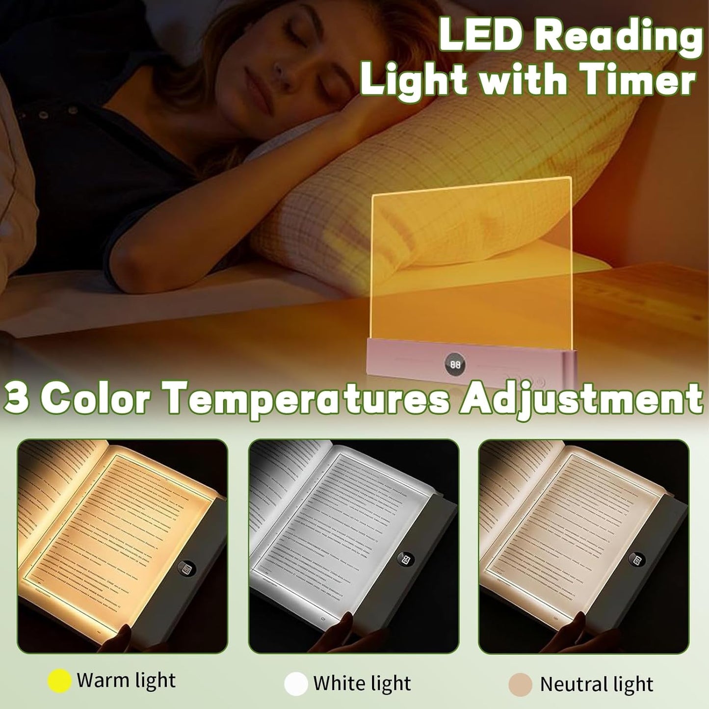 Book Light, Rechargeable Clear LED Flat Book Lights with 3 Colors & Timer, USB Rechargeable Reading Light, Dimmable Panel Plate Lamp Book Full Page Light, Funny Gifts for Readers Kids Women Men(White)
