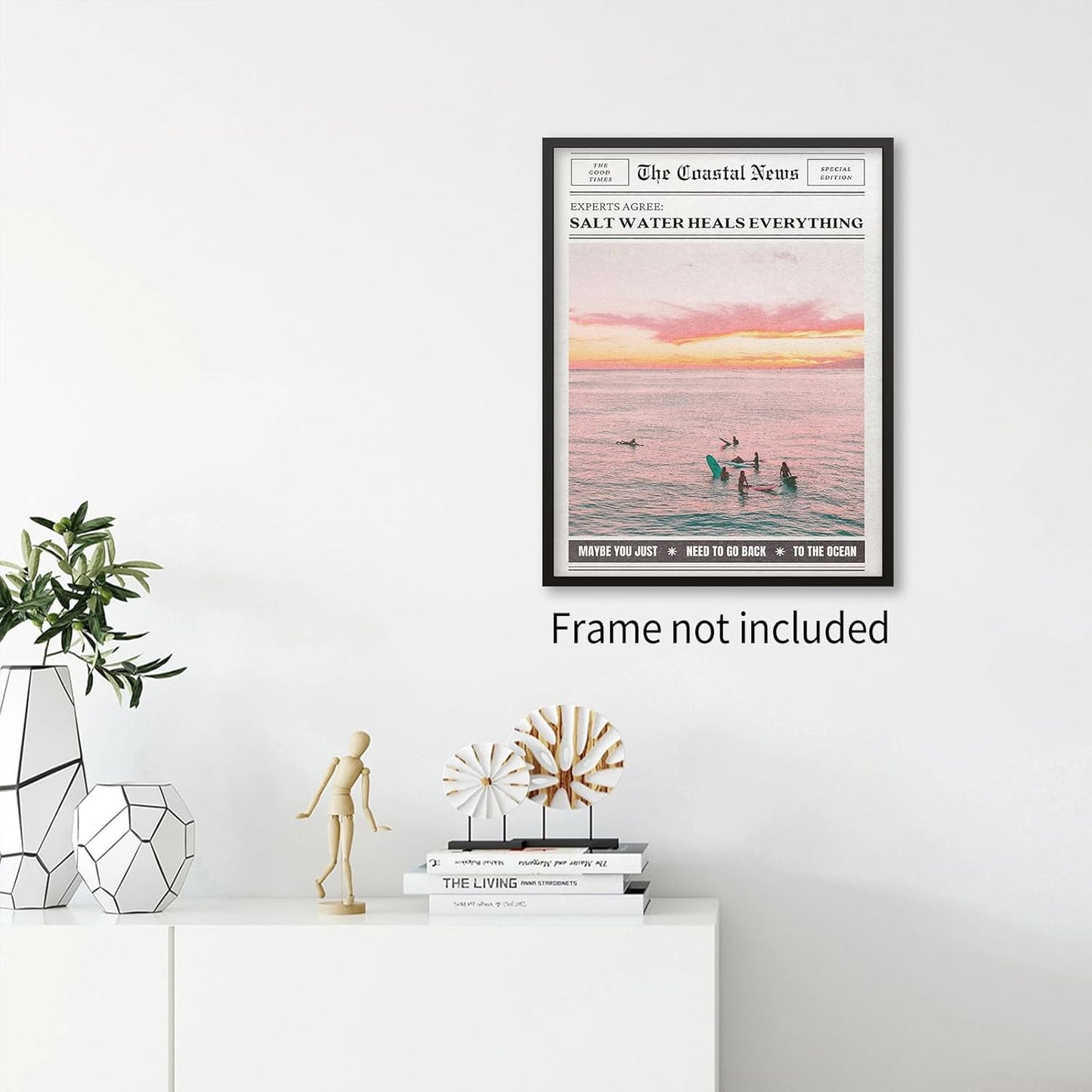 Pink Beach Newspaper Posters Vintage Fashion Coastal Girl Surf Wall Art Grainy Salt Water Heals Everything Canvas Prints for College Dorm Bedroom Wall Decor 12X16 inch Unframed