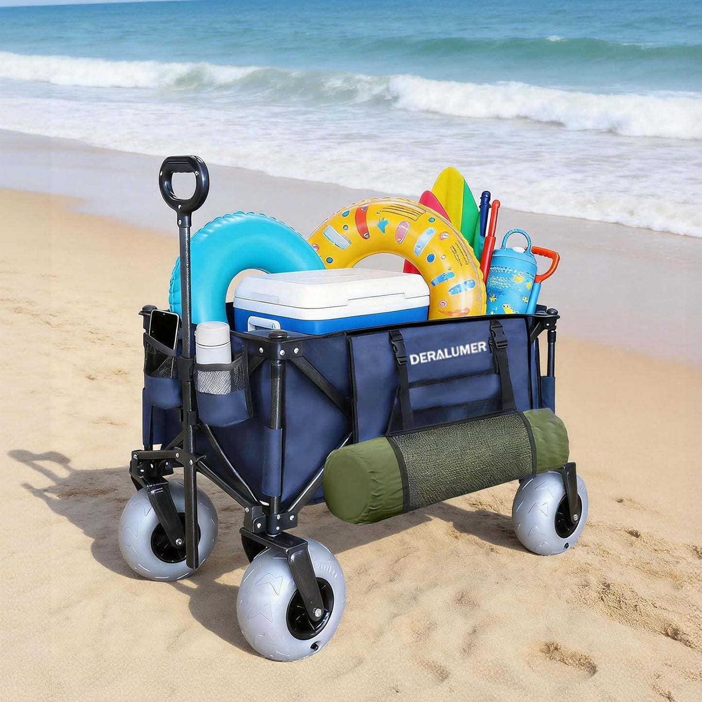 Beach Wagon with 9×4" Big Balloon Wheels for Sand, 35" Heavy Duty Folding Wagon with Side Bag, Collapsible Utility Cart for Beach, Camping, Garden & Outdoor (Navy Blue, X800 9×4" Balloon Wheels)