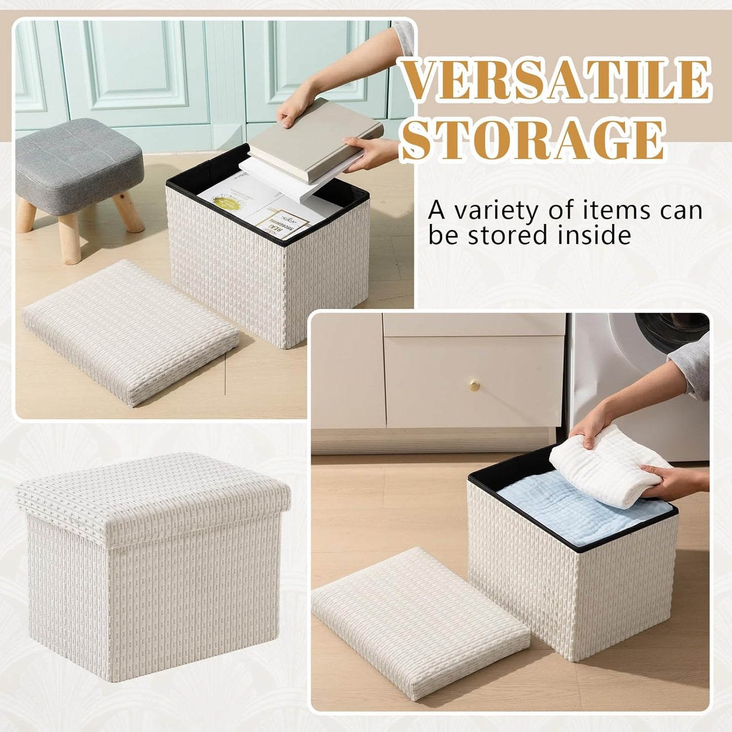 Thyle Storage Ottoman with Lid, Foldable Foot Rest Stool with Hidden Storage, Corduroy Ottoman for Living Room Bedroom Dorm Under Desk, 16x12x12 Inch(Beige)