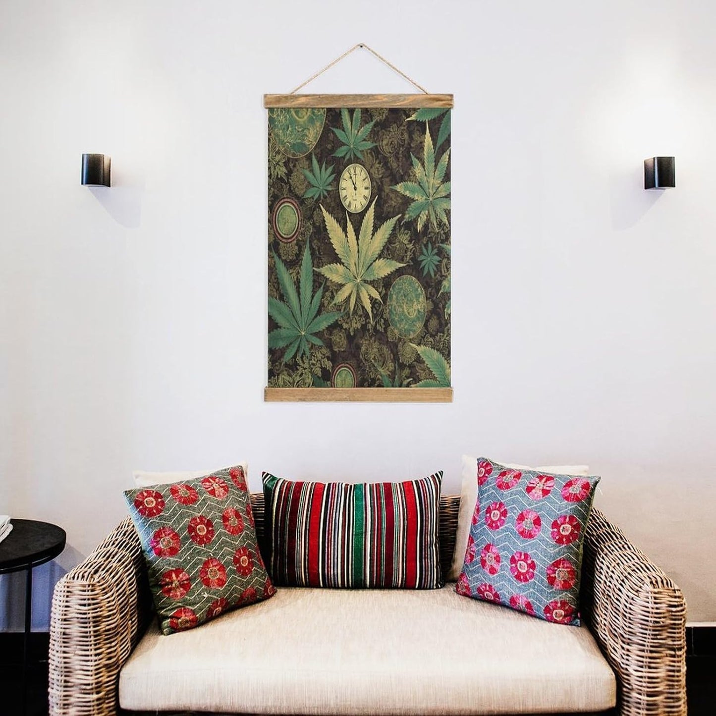Vintage A Puff in Time Weed Marijuana Poster with Wooden Frame Personalized Linen Hanging Scroll Painting Rustic Wall Hanging Illustrative Modern Artwork Decor for Home Living Room Bedroom Office