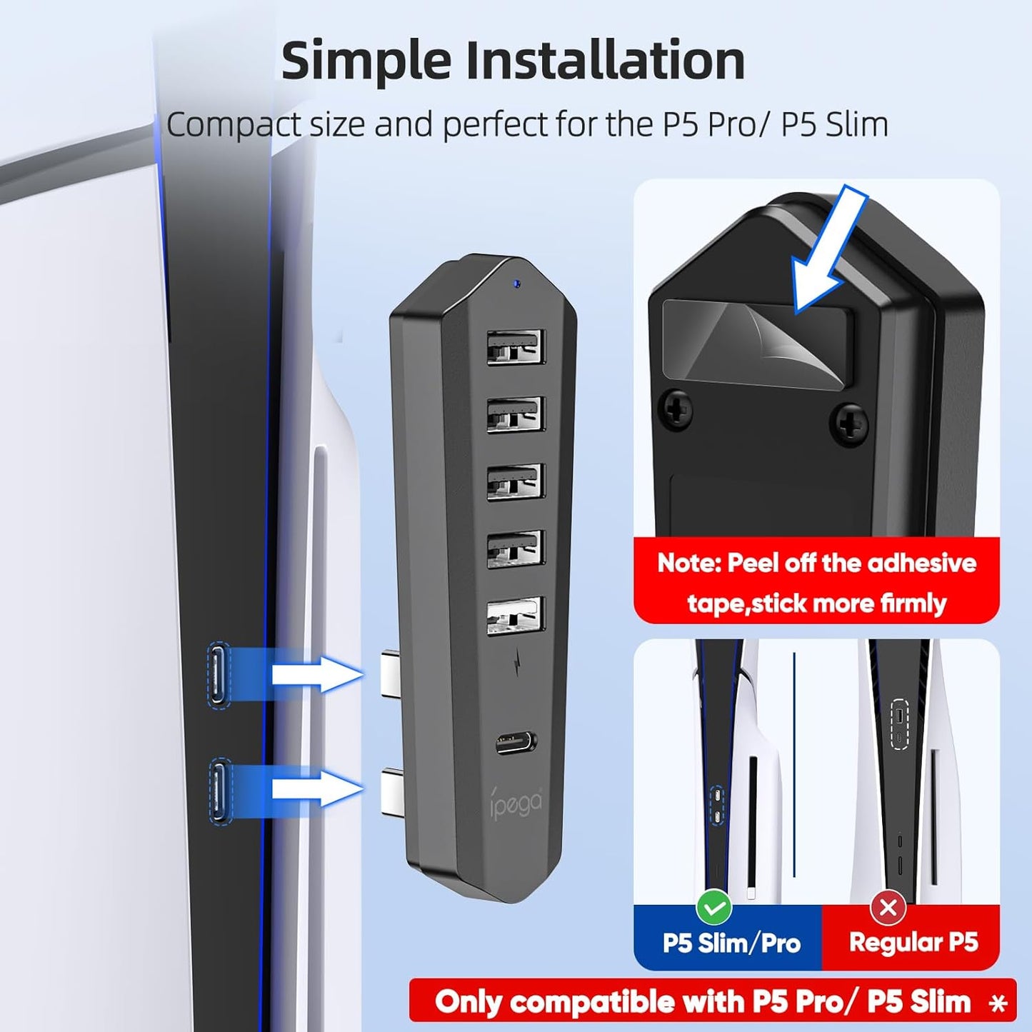 6 Ports USB Hub Only for PS5 Pro/Slim Console Disc ＆ Digital, High-Speed Extra USB Port Extender for PS5 Slim Pro Accessories, Charging Adapter with 1 Type C 3.0 + 4 USB-A 2.0 + 1 Port